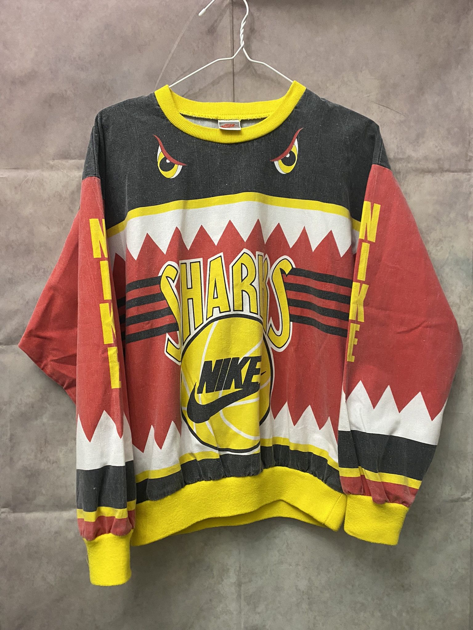 image of 80's Vintage Nike Sharks Basketball Aop Crewneck Sweatshirt in Red/Yellow/Blue, Men's (Size Small)