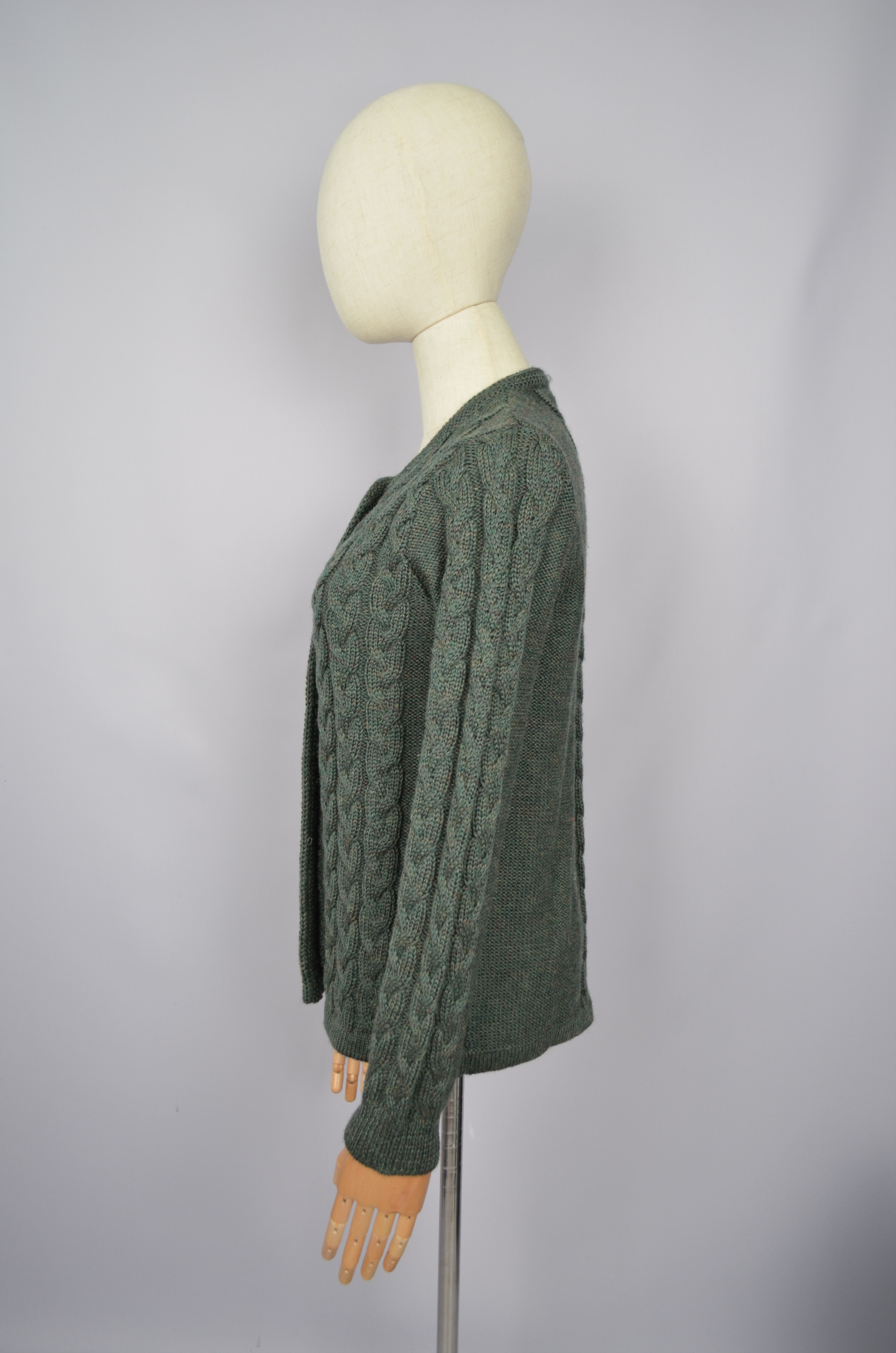 Designer Munrospun Cableknit Cardigan Size S Moss Green Pure New Wool Size S / US 4 / IT 40 - 5 Thumbnail