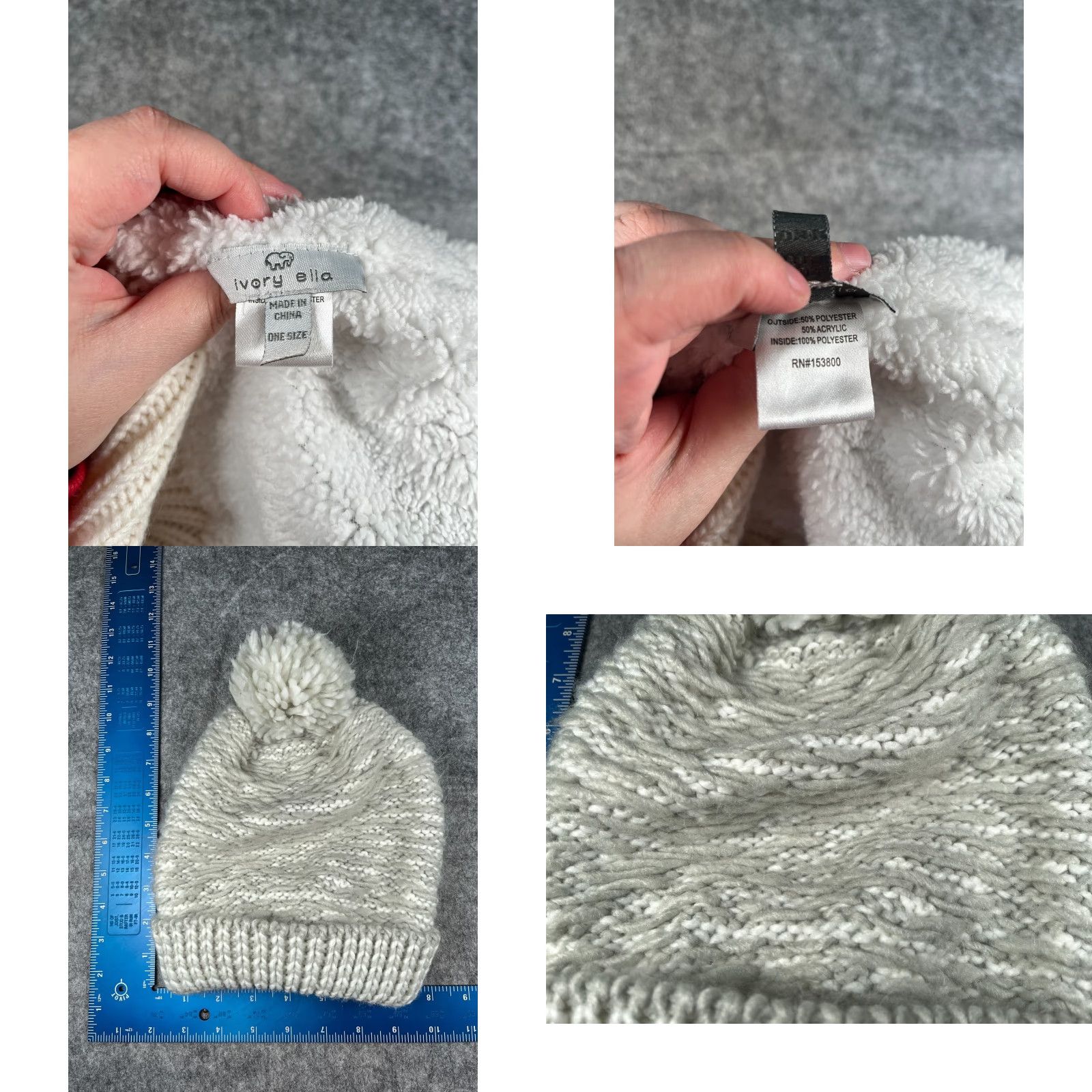 Vintage Ivory Ella Beanie Toque Women One Size Gray Cable Knit Acrylic Poly Lined Pom Size ONE SIZE - 8 Thumbnail