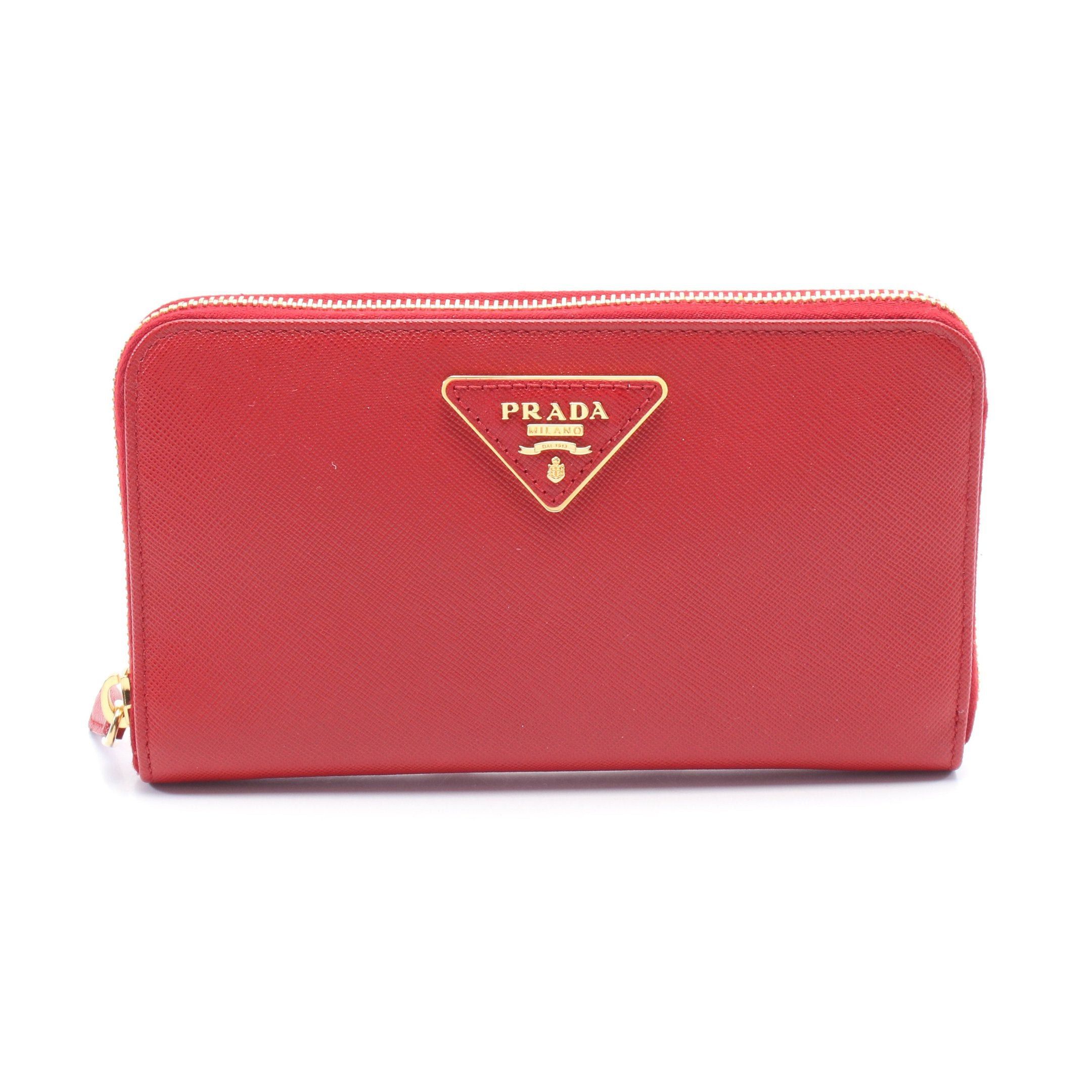 Prada Prada Saffiano Triang Round Zipper Long Wallet Leather Red Size ONE SIZE - 1 Thumbnail