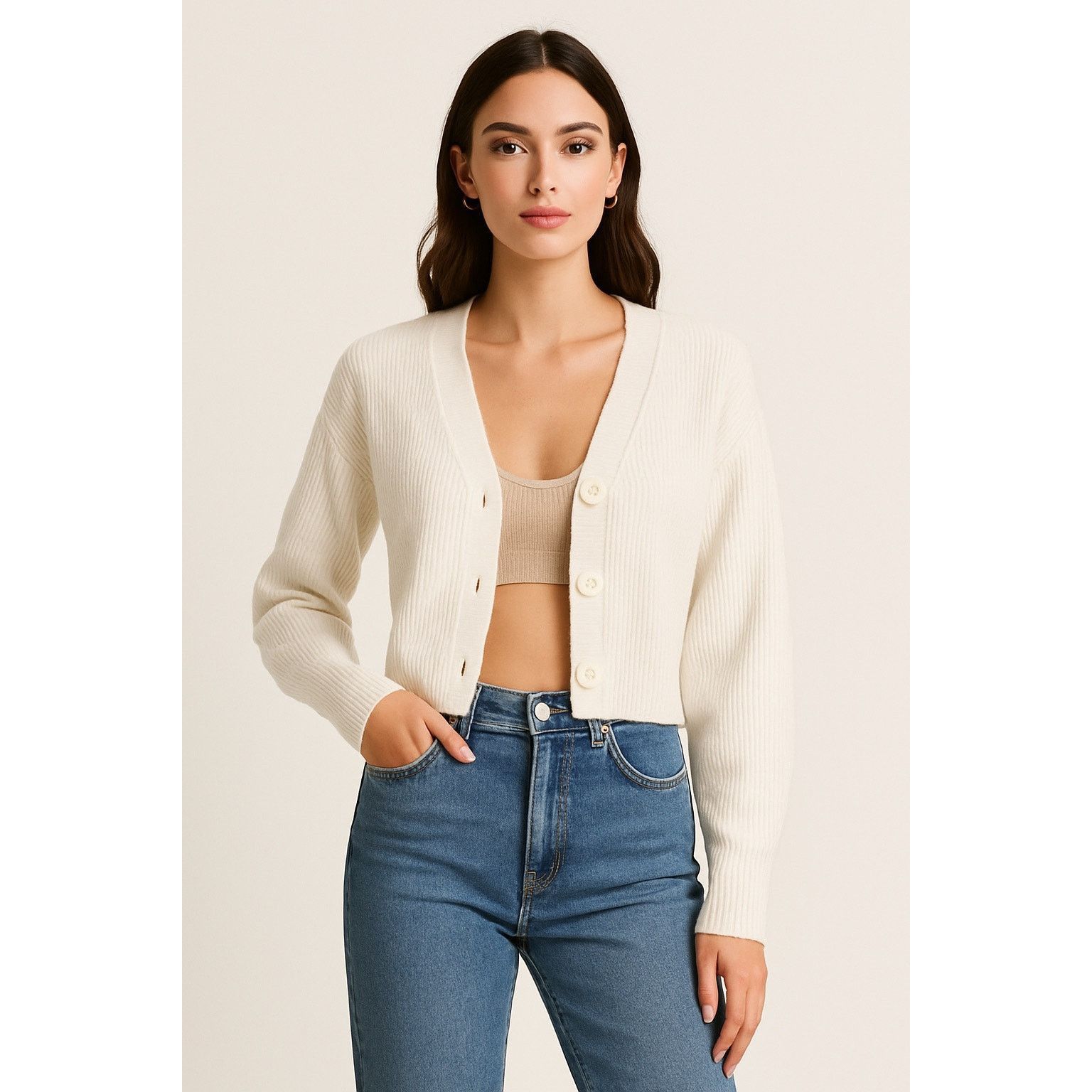 Express Minimalist White Ribbed Button-Up Cropped Cardigan Express S Size S / US 4 / IT 40 - 1 Thumbnail