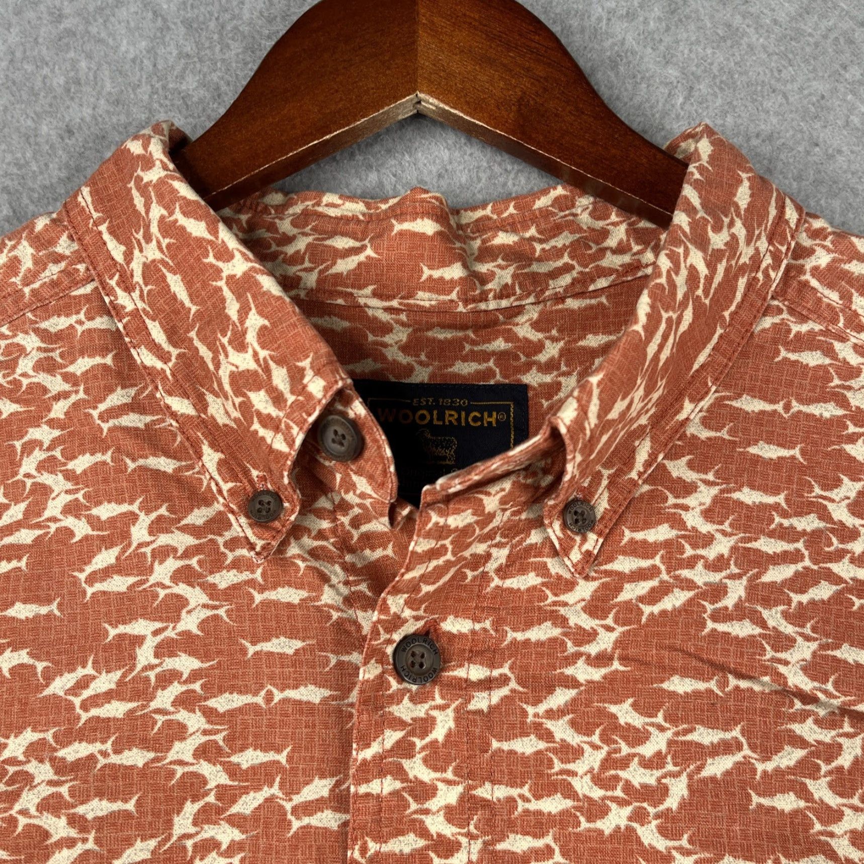 Vintage VINTAGE Woolrich Fish Print Shirt XL Orange Button-Up Short Sleeve Mens Size US XL / EU 56 / 4 - 3 Thumbnail