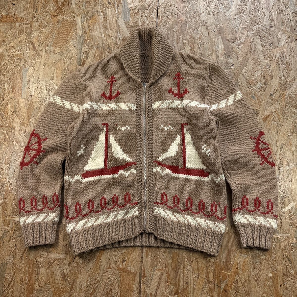 Japanese Brand Cowichan sailboat sweater vintage 1970s knit handmade Size US L / EU 52-54 / 3 - 8 Thumbnail