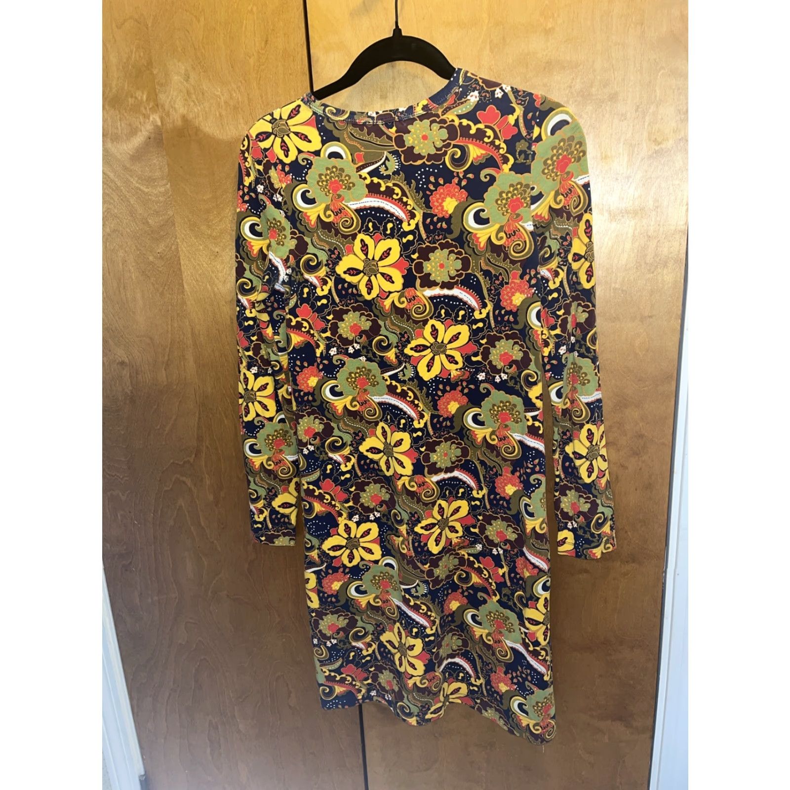 J.Crew VINTAGE J.Crew A-Line Paisley Floral Dress XS Dark Blue Yellow Cotton Blend Round Neck Long Sleeve Knee-Length Bohemian 90s Womens Size XS / US 0-2 / IT 36-38 - 4 Thumbnail