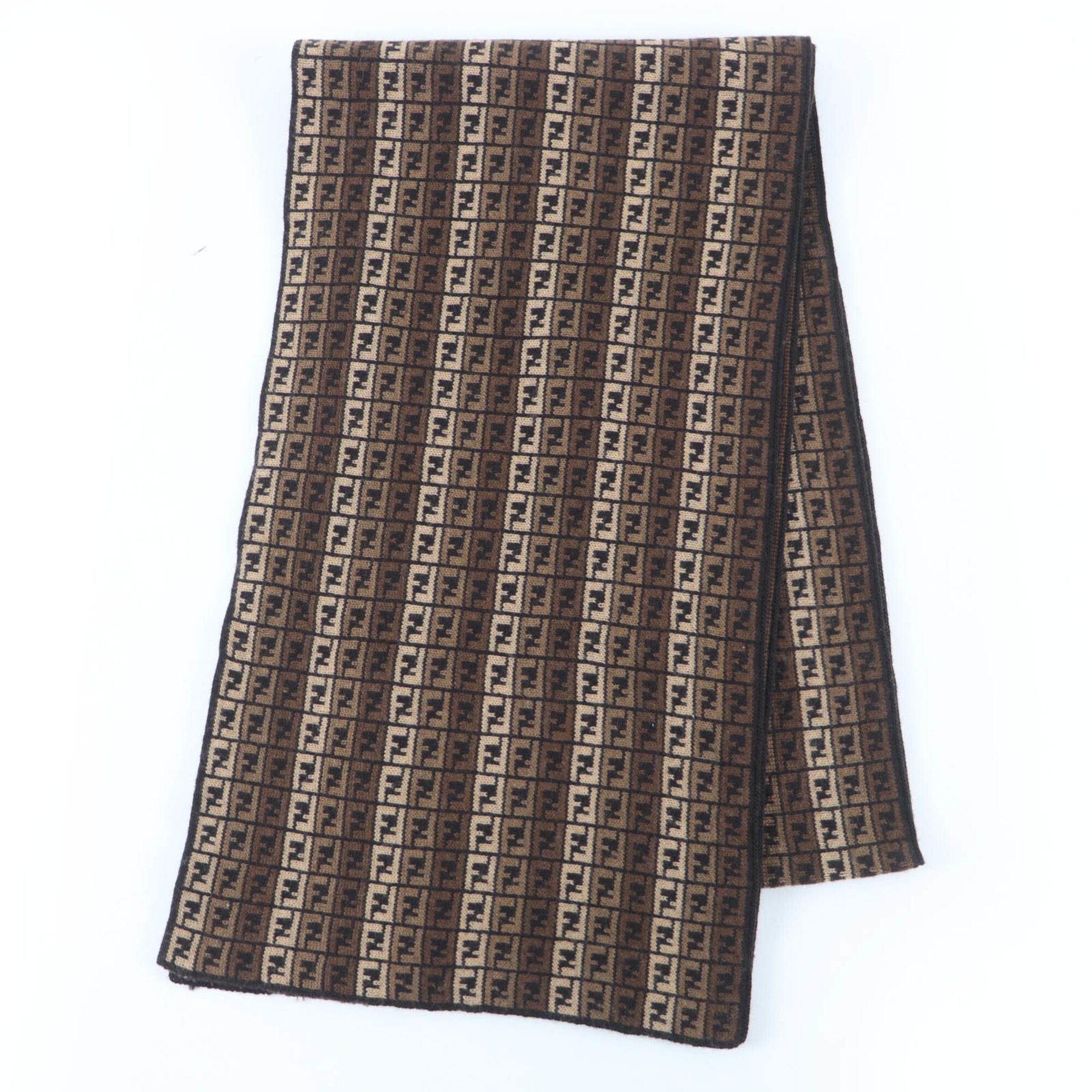 Fendi FENDI 100% Wool FF Logo Micro Zucca Pattern Knit Scarf, Brown, Made in Italy, Women's & Men's Size ONE SIZE - 1 Thumbnail