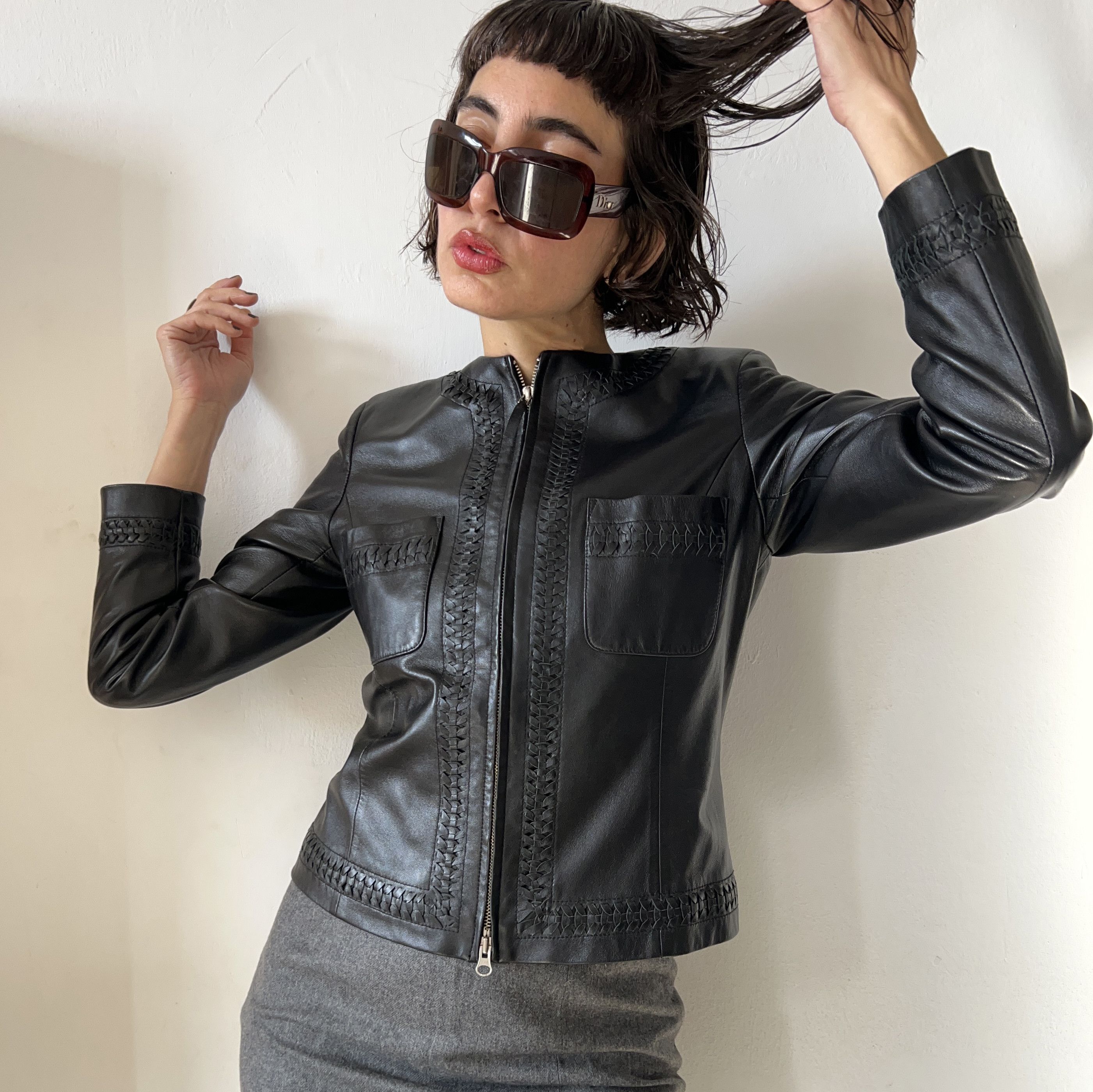 Vintage Vintage black leather braided round neck jacket Size S / US 4 / IT 40 - 4 Thumbnail