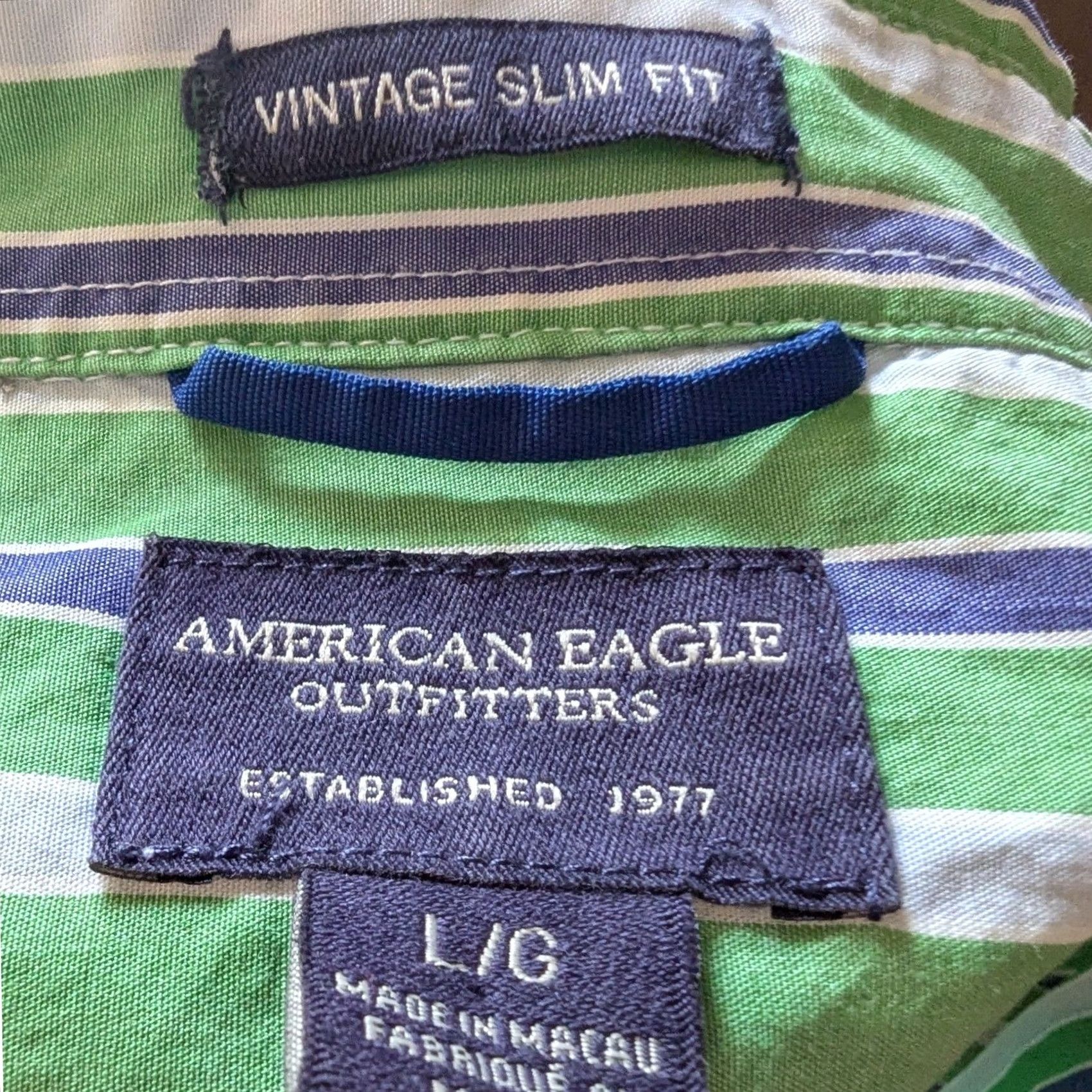 American Eagle Outfitters American Eagle Button-Up Shirt Striped Slim Fit Green Blue Mens Sz L Vintage Long Sleeve Collared Chest Pocket Cotton Size US L / EU 52-54 / 3 - 4 Thumbnail