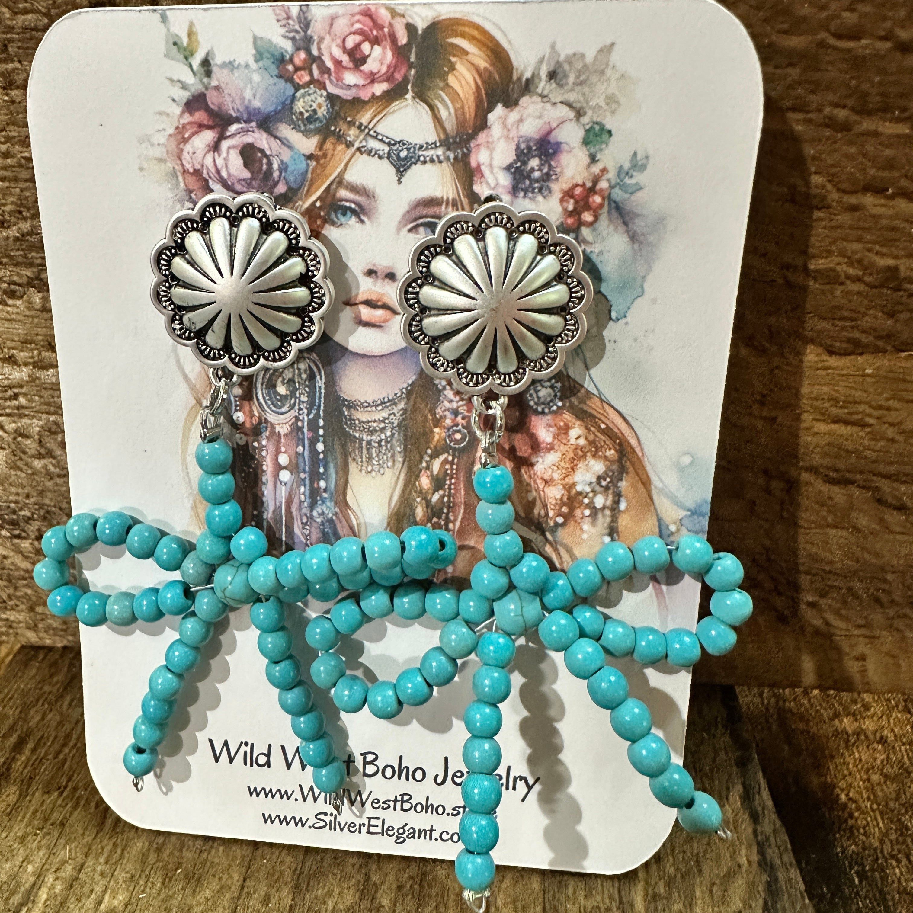 Other Handmade Ribbon Bow Post Earrings with Turquoise Beads, West Size ONE SIZE - 2 Thumbnail