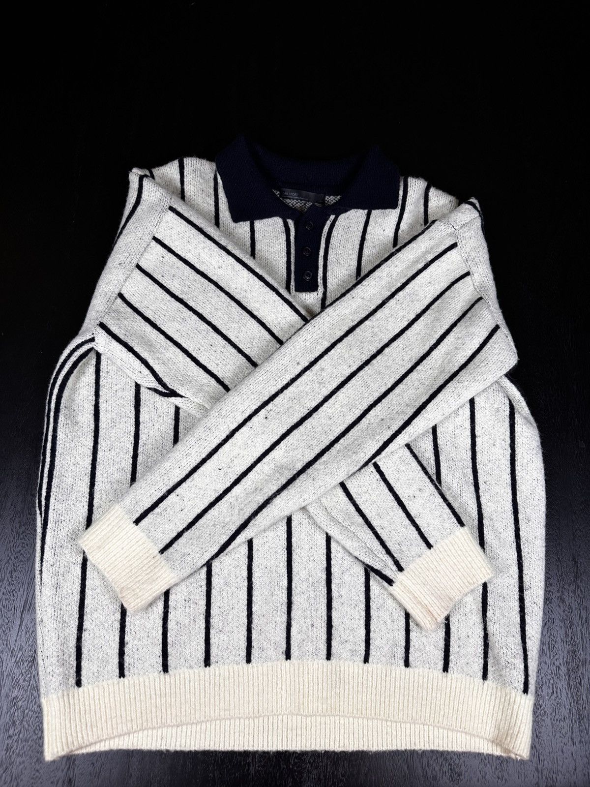 Oak + Fort Oak + Fort Collared Knit Sweater — Cream & Navy (S) Size US S / EU 44-46 / 1 - 2 Thumbnail