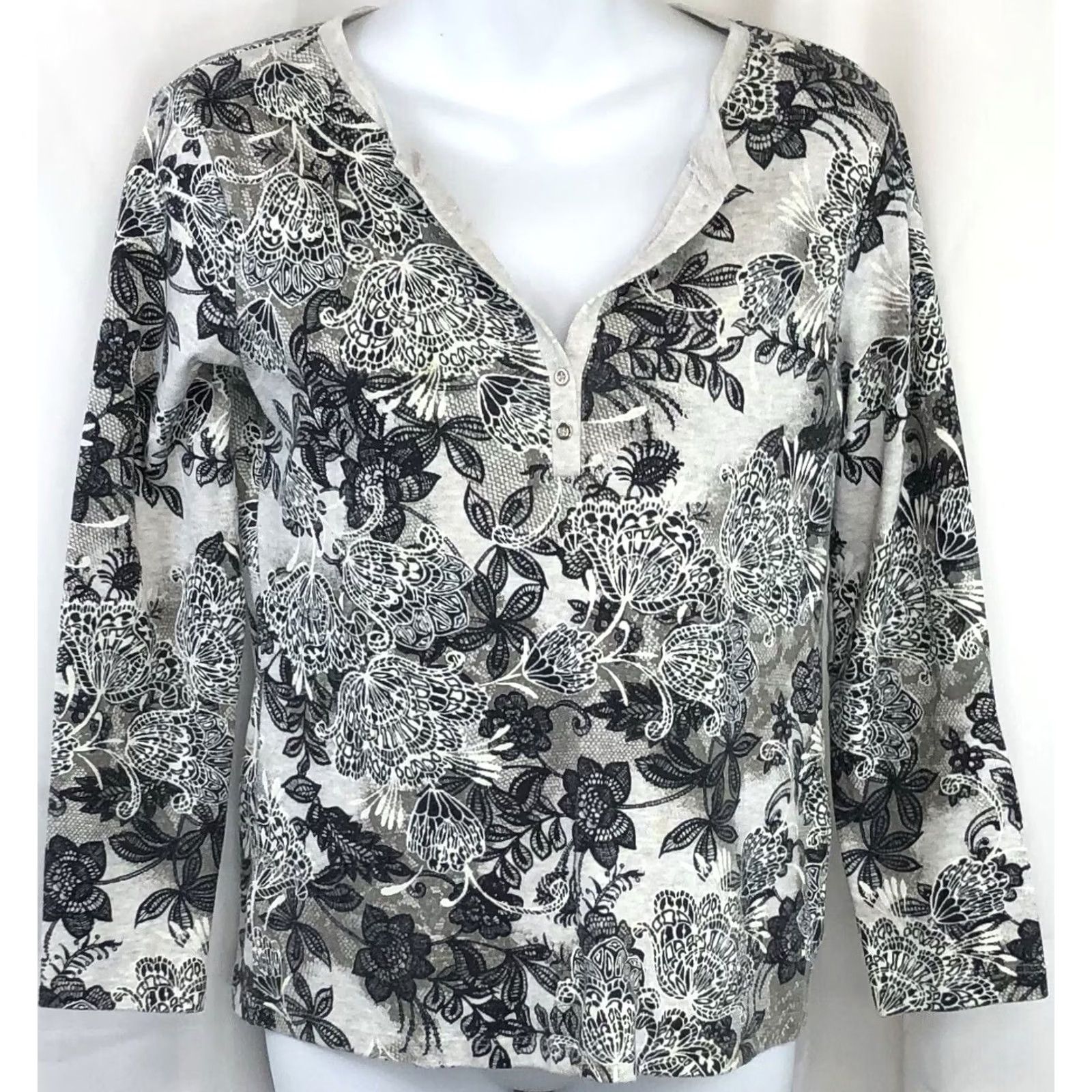 Vintage Karen Scott Top Floral Long Sleeve Cotton Blouse MP Gray Bohemian Office Casual Womens Size M / US 6-8 / IT 42-44 - 5 Thumbnail