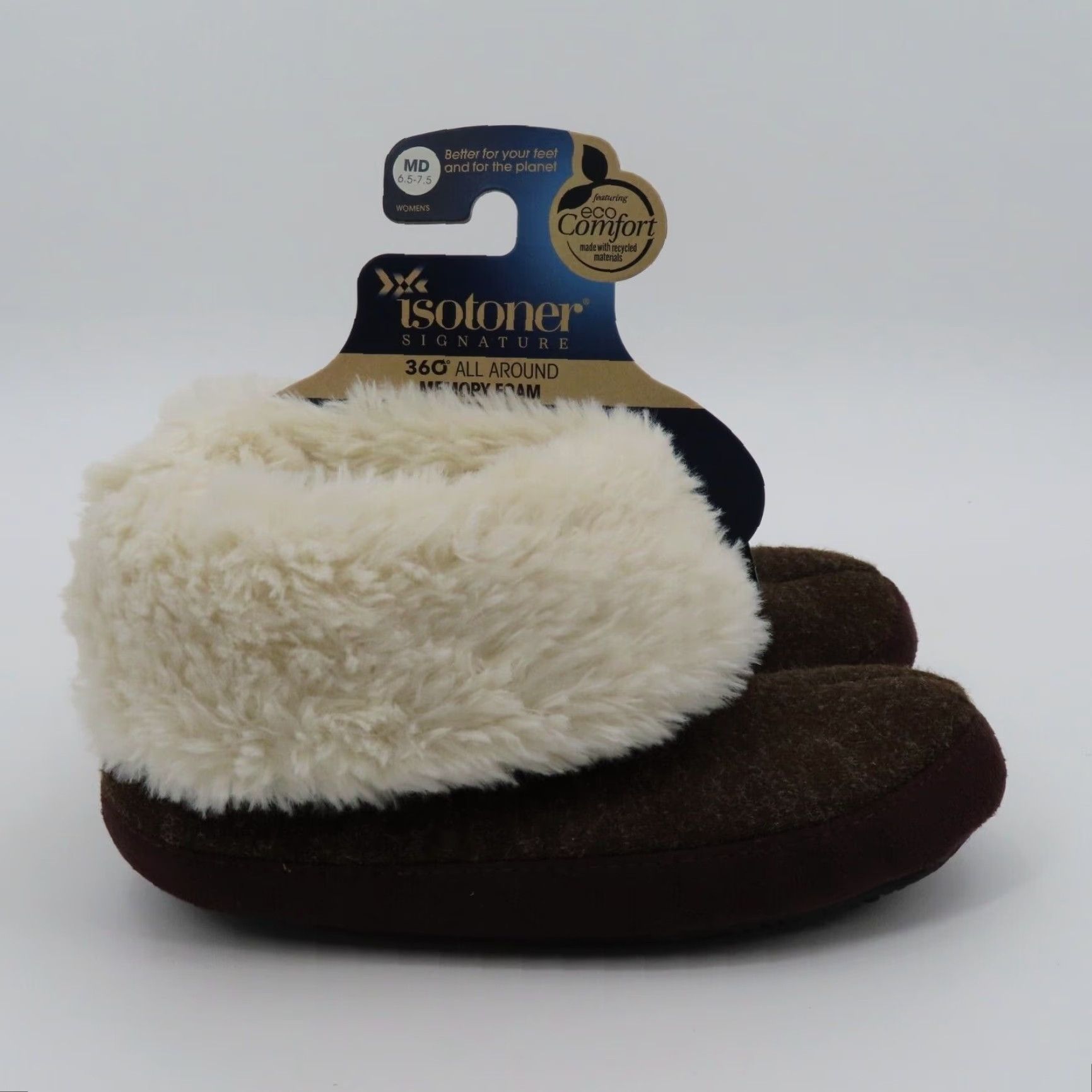 Vintage Isotoner Memory Foam Women Slipper Slip-On Brown Faux Fur Cuff Memory Foam New 6.5-7.5 Medium Size ONE SIZE - 6 Thumbnail