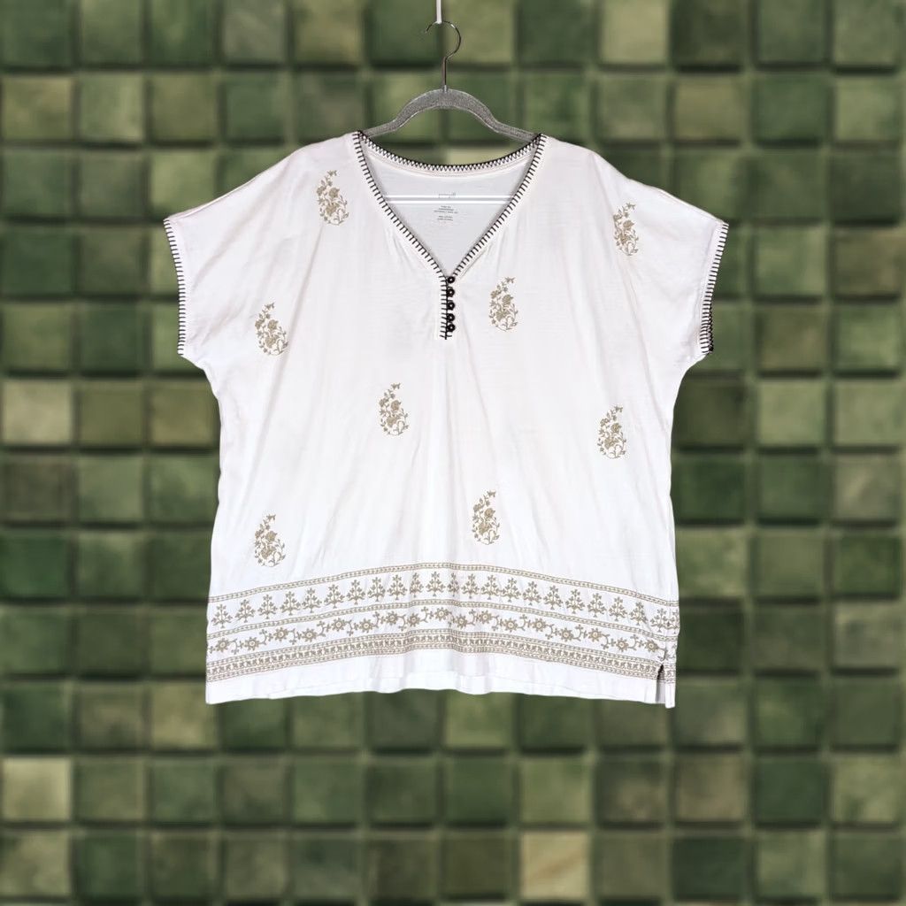 J. Jill J.Jill Pure Jill Womens L White V Neck Embroidered Boho Floral Buttoned Tee Shirt Size L / US 10 / IT 46 - 1 Thumbnail