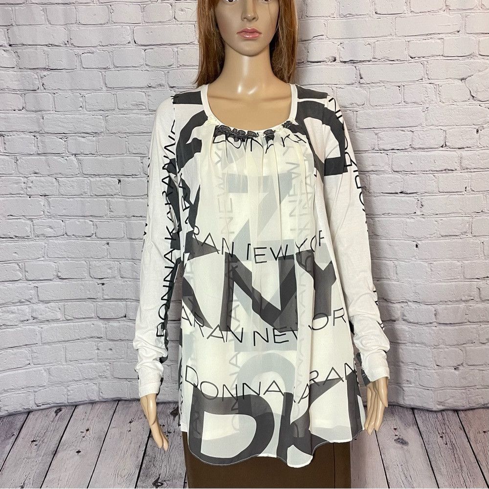 Donna Karan DKNY Logo Long Sleeve Mix Media Front Chiffon Blouse Top Si Size M / US 6-8 / IT 42-44 - 1 Thumbnail