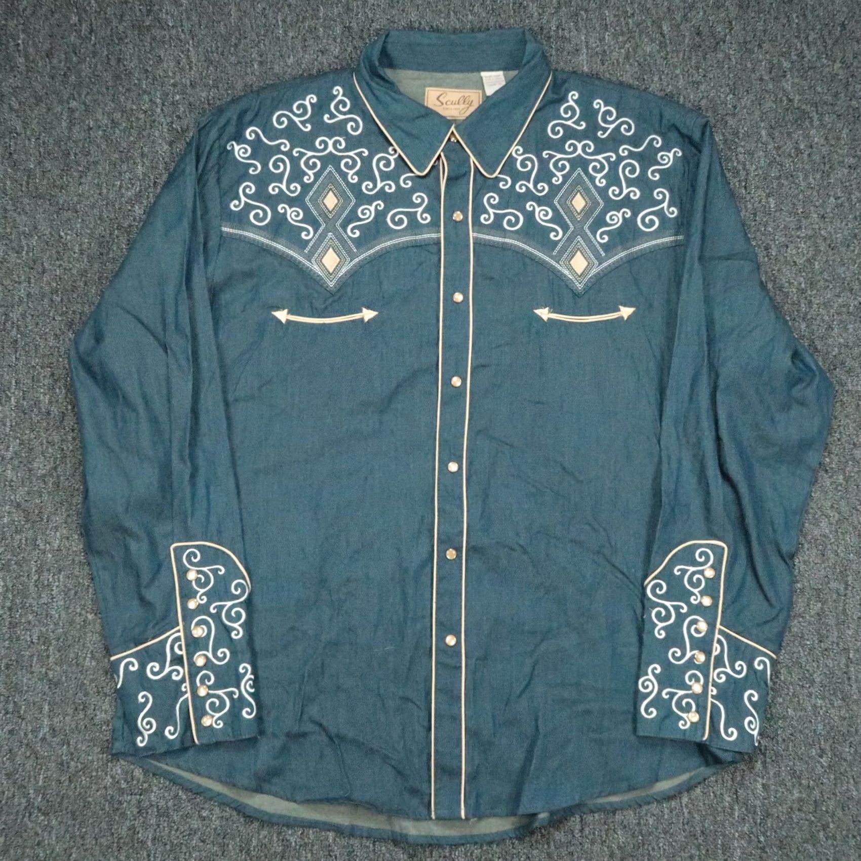 Scully VINTAGE Scully Shirt Mens XL Blue Western Pearl Snap Smile Pocket Cowboy Long Sleeve Size US XL / EU 56 / 4 - 2 Thumbnail