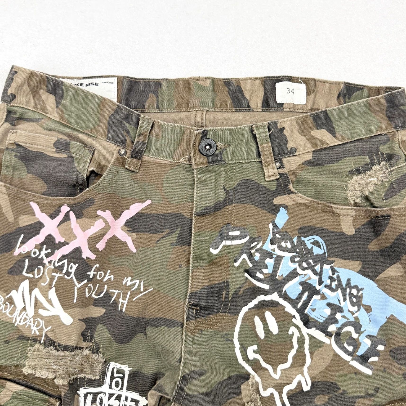 Denime Smoke Rise Cargo Shorts Mens 34 Green Camo Distressed Denim Streetwear Shorts Size US 34 / EU 50 - 6 Thumbnail
