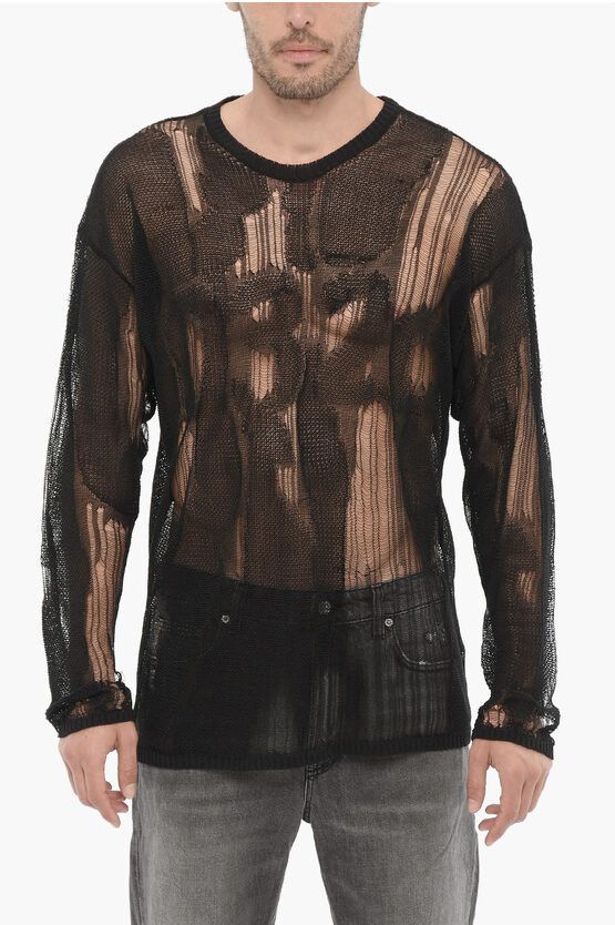 image of 032C Destroyed Effect Sheer Crew-Neck Sweater in Black, Men's (Size Medium)