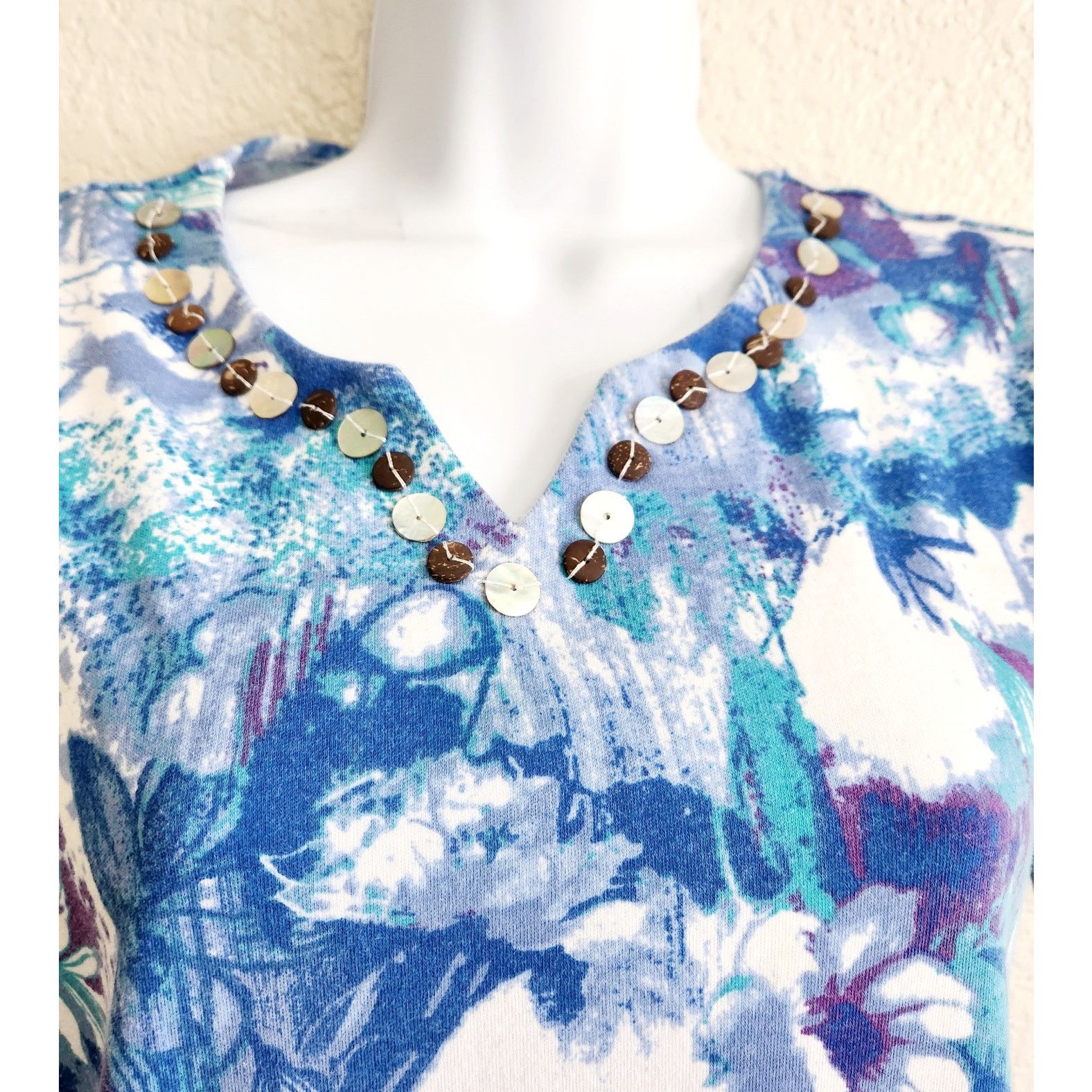 Other Rebecca Malone Blue White Floral Print Beading Detail Top M Size M / US 6-8 / IT 42-44 - 2 Thumbnail