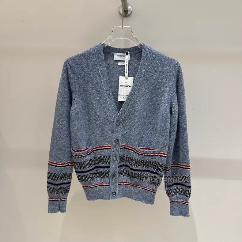 Thom Browne Thom Browne Blue-Grey Classic Logo Wool Cardigan Size US S / EU 44-46 / 1 - 1 Thumbnail