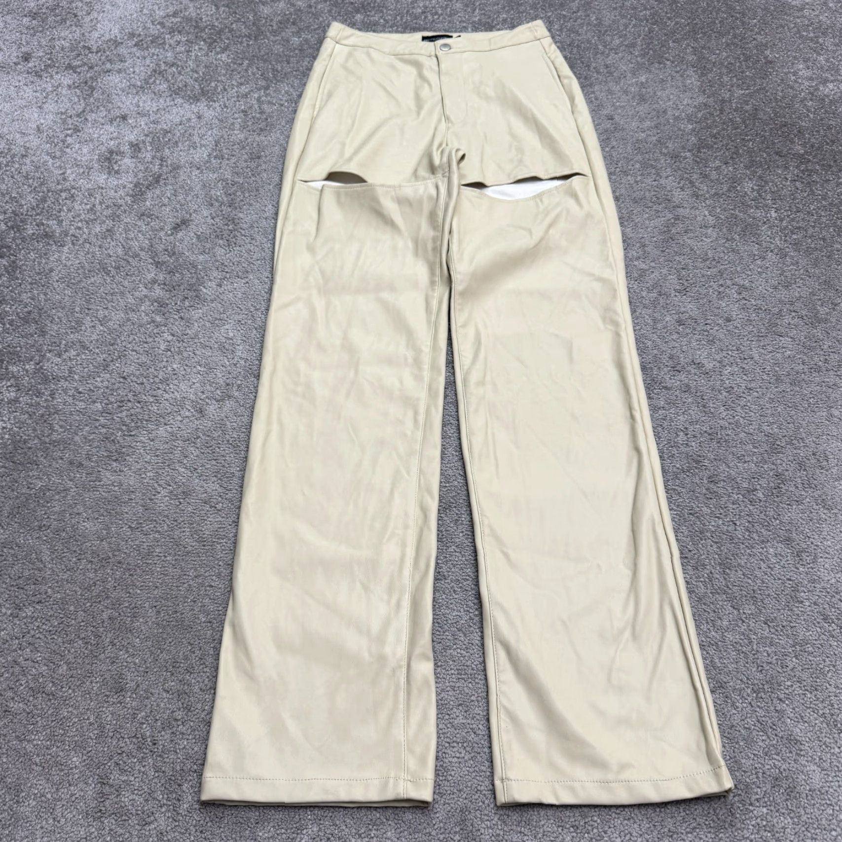 PrettyLittleThing PRETTYLITTLETHING Faux Leather Cut Out Straight Leg Trouser Pants Women 4 Beige Size 27" / US 4 / IT 40 - 2 Thumbnail