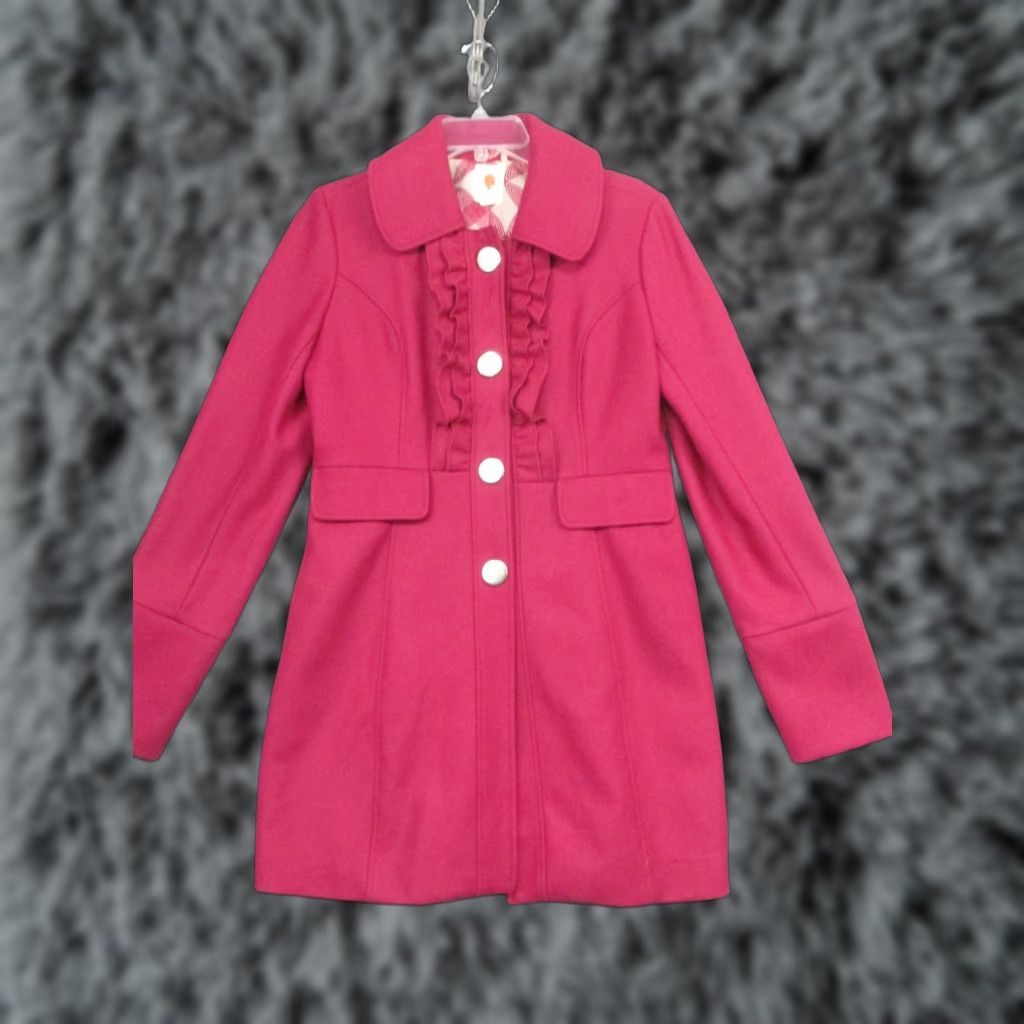 Vintage Tulle Wool Coat Womens L Pink Single-Breasted Mid Length Dressy Overcoat Ruffle Front Button Pocket Collared Lined Size L / US 10 / IT 46 - 1 Thumbnail