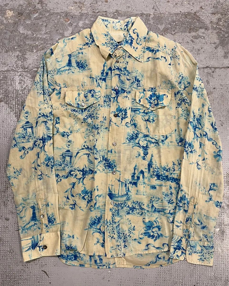 Dolce & Gabbana SS2004 Dolce & Gabbana Blue Floral Print Cream Shirt Size US L / EU 52-54 / 3 - 1 Thumbnail