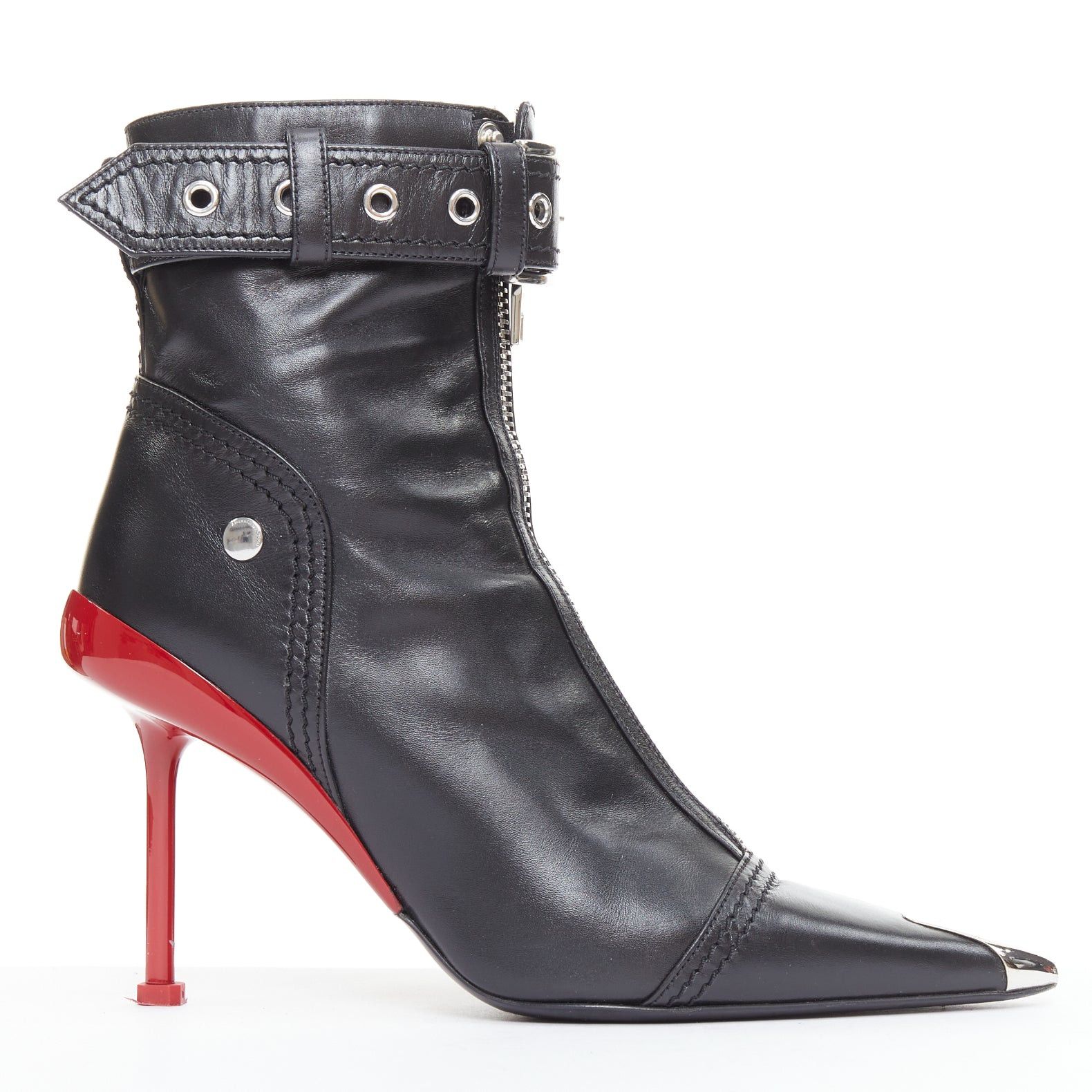 Alexander McQueen ALEXANDER MCQUEEN Slash black leather biker style red heeled boots EU39 Size US 9 / IT 39 - 1 Thumbnail
