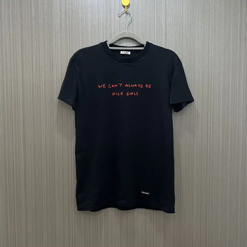 Miu Miu Miu Miu Black Cotton Tee with Slogan 0089 Size XS / US 0-2 / IT 36-38 - 1 Thumbnail