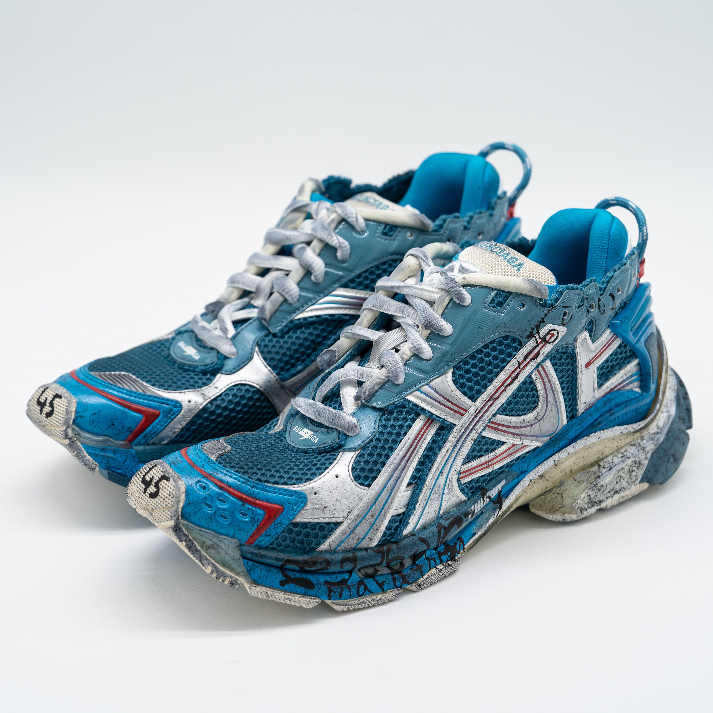 45 12 Balenciaga Runner Blue Silver Sneakers White Red