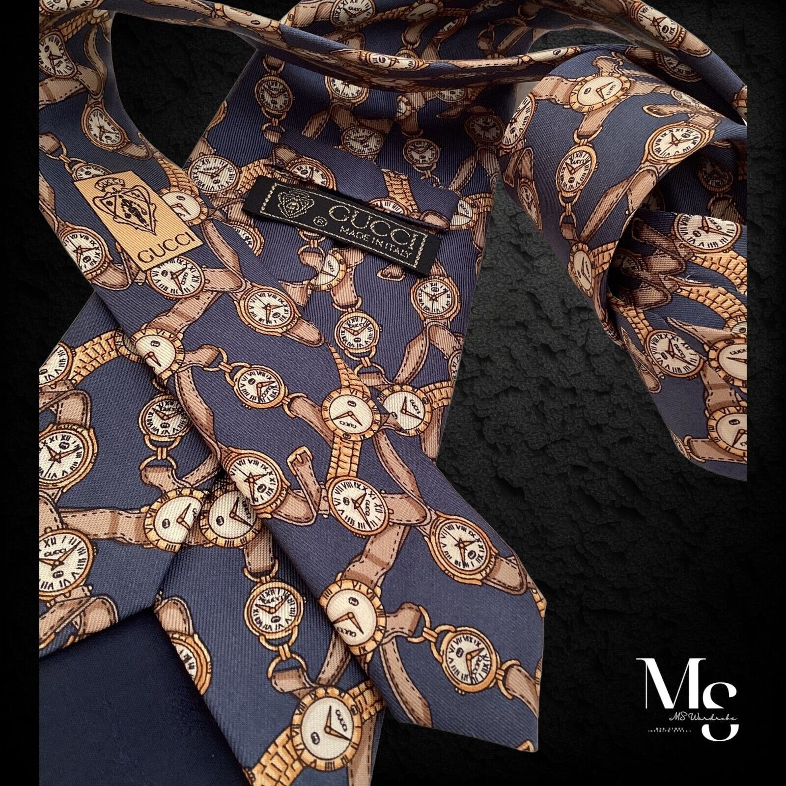 Gucci GUCCI Blue Watches Print Silk Tie Made In Italy W: 3.7" EC Size ONE SIZE - 4 Thumbnail