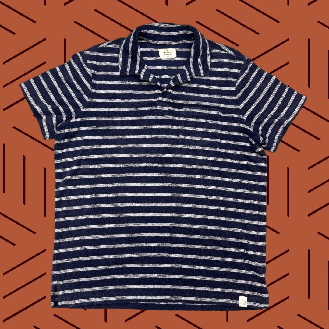 Marine Layer Shirt MENS SMALL Navy White Resort Camp Shirt Terry Cloth