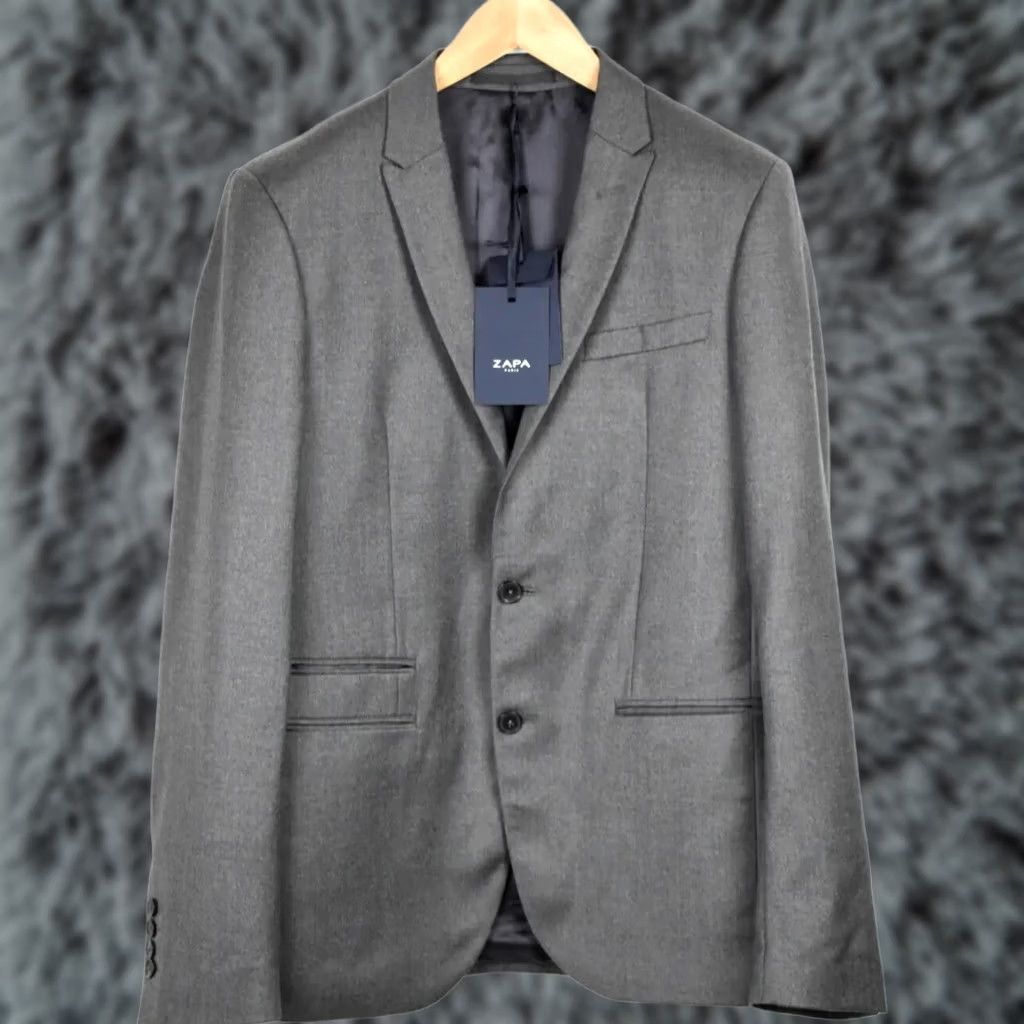 Vintage Zapa Blazer Men's UK 38 Grey Wool Single-Breasted Peak Lapels Buttons Lined Size 38R - 1 Thumbnail
