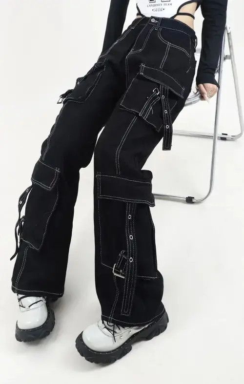Designer Unisex Cargo Patchwork Baggy Jeans Size US 29 - 5 Thumbnail