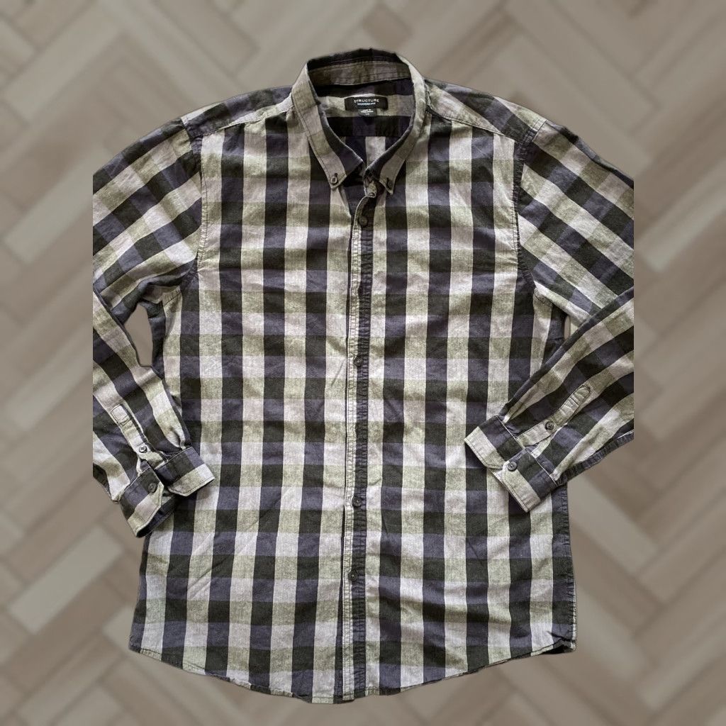 Vintage Structure Dress Shirt L Mens Regular Long Sleeve Gray Check Cotton Blend Size 42R - 1 Thumbnail