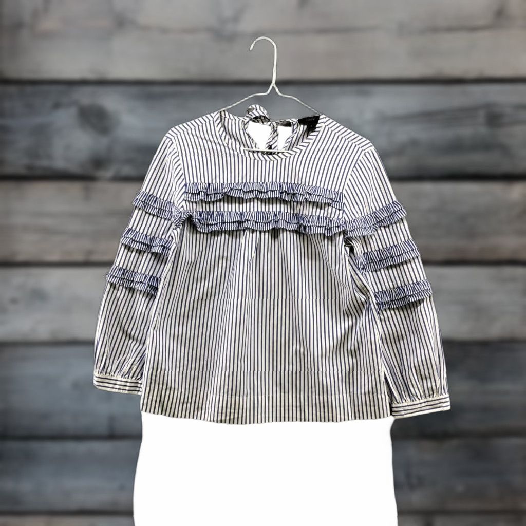 J.Crew J. Crew Long Sleeve Blouse Womens 0 XS Blue White Stripe Ruffle Cotton Crew Neck Tie Back Nautical Casual Blouse Womens Size XS / US 0-2 / IT 36-38 - 1 Thumbnail