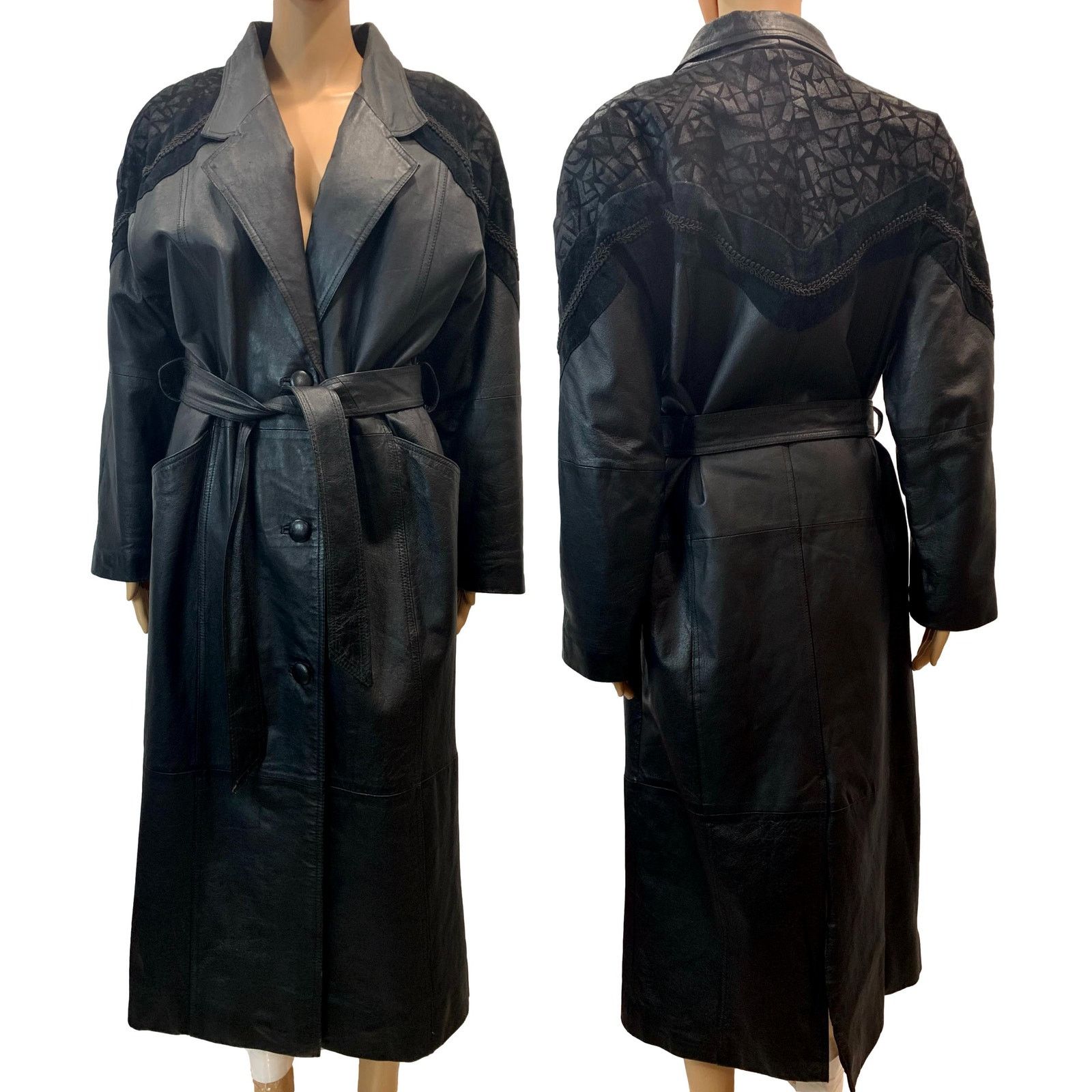 Vintage 90s BLACK Leather & Suede Maxi Trench Coat w Belt | Sm Size S / US 4 / IT 40 - 1 Thumbnail
