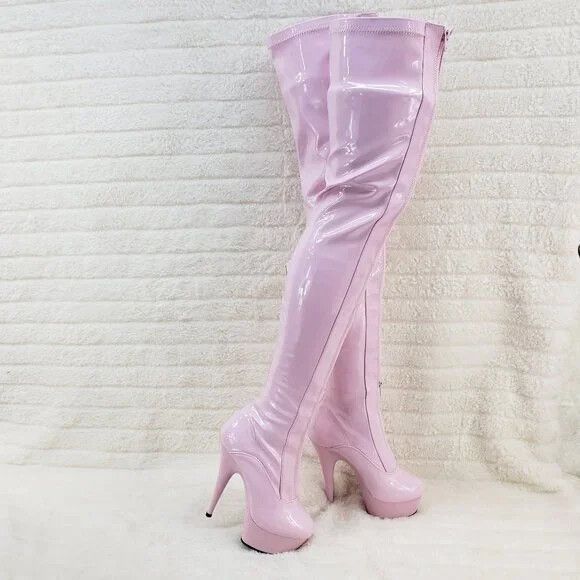 Other Baby Pink White Patent Platform Thigh High Heel Front Zipper Size US 11 / IT 41 - 6 Thumbnail