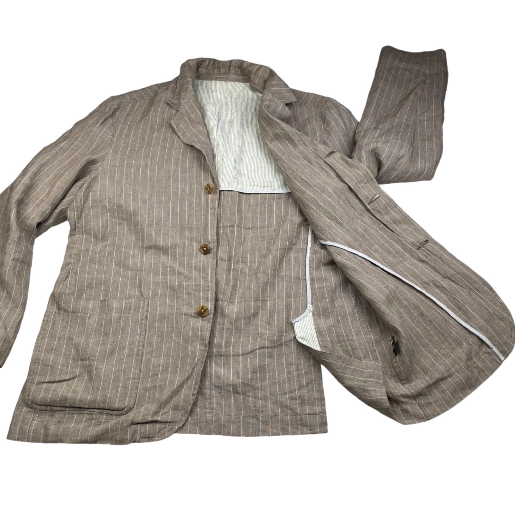 VINTAGE Neiman Marcus Linen Blazer Men Large Brown Stripe 3-Button