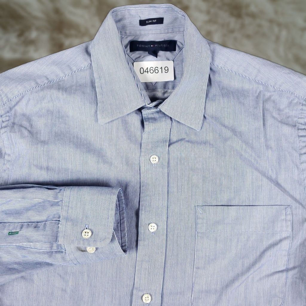 Tommy Hilfiger Tommy Hilfiger Shirt Mens 14.5 Blue Dress Button Up Long Sleeve Regular Cotton Button-Front Collar Shirt 90s Modern Preppy Wedding Workwear Mens Size 36R - 1 Thumbnail