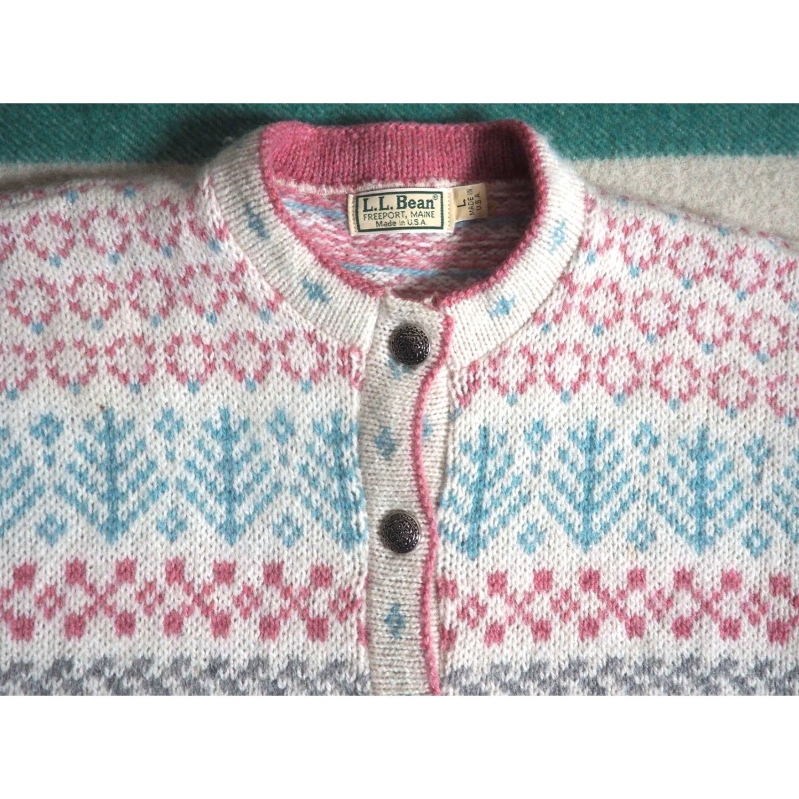 Vintage VTG LL Bean Freeport Cardigan Sweater Pink Wool Fair Isle 70s L Womens Button Decade 1970s Boho Casual ID? Size L / US 10 / IT 46 - 2 Thumbnail