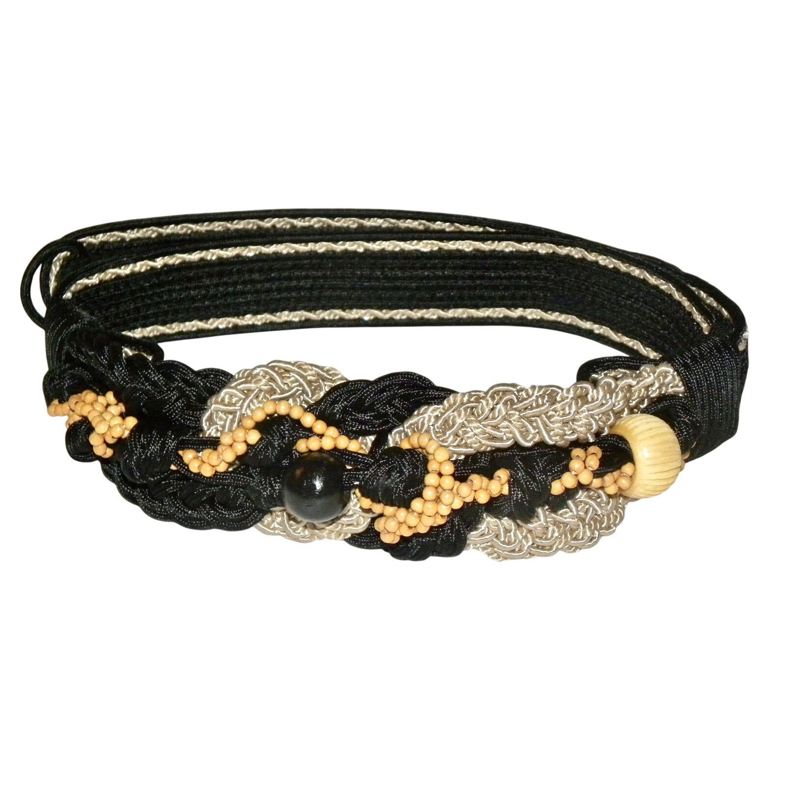 Vintage 80s Boho Cord & Wood Bead Belt | Art to Wear Gypsy Black Tan Size ONE SIZE - 1 Thumbnail