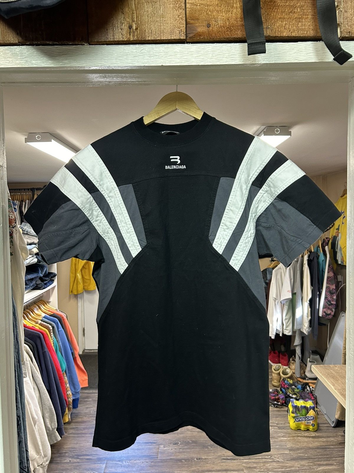 image of Balenciaga Stripped Embroidered T-Shirt in White/Black/Grey, Men's (Size Large)