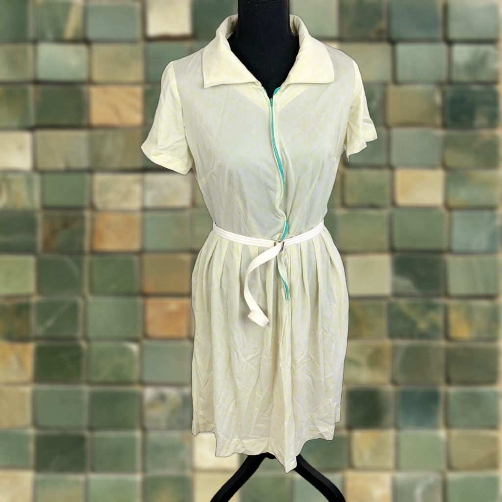 AQUA VINTAGE The Stroller Dress Twe Belt 60s Cutter Yellow Aqua Zipper Size 16.5 Jersey Size XXL / US 16-18 / IT 52-54 - 1 Thumbnail