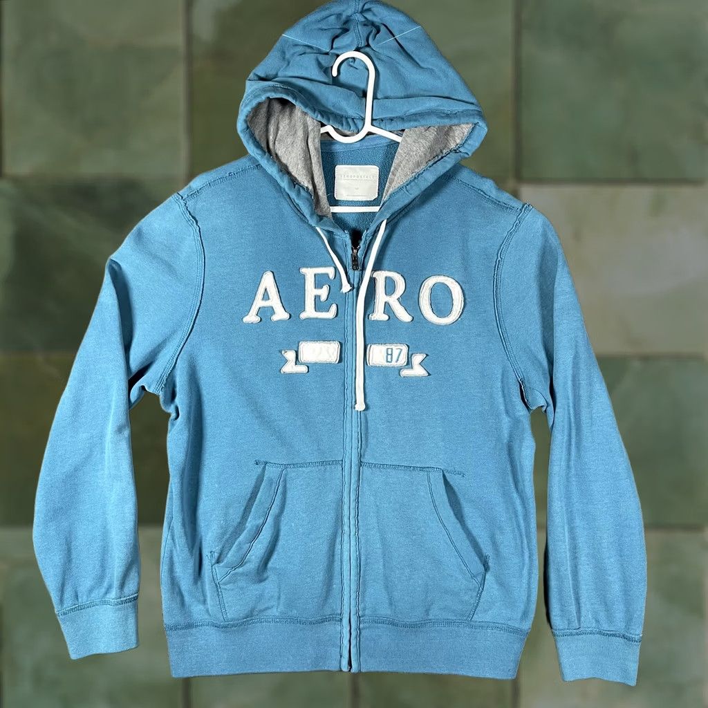 Aeropostale AeroPostale Hoodie Mens L Blue Full Zip AERO 87 Applique Graphic Fleece 80/20 Cotton/Polyester Regular Fit Vintage No Mens Size US L / EU 52-54 / 3 - 1 Thumbnail