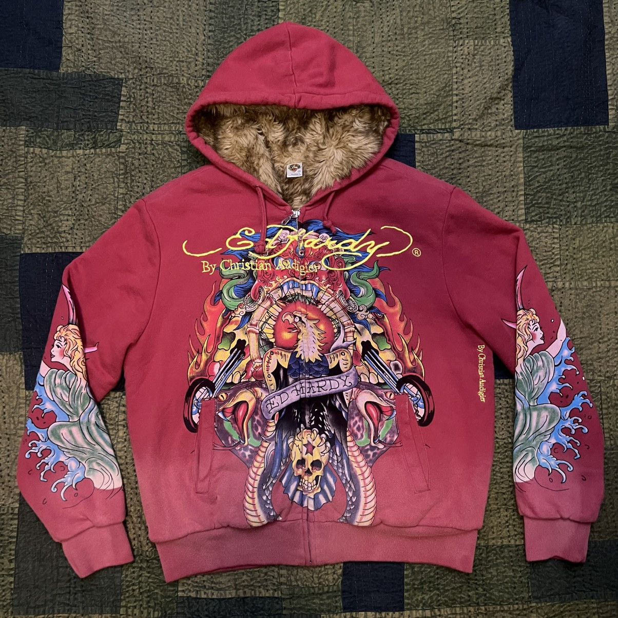 Pre-owned Ed Hardy Vintage Y2k  Fur Embroidered Zip Up Hoodie Red L