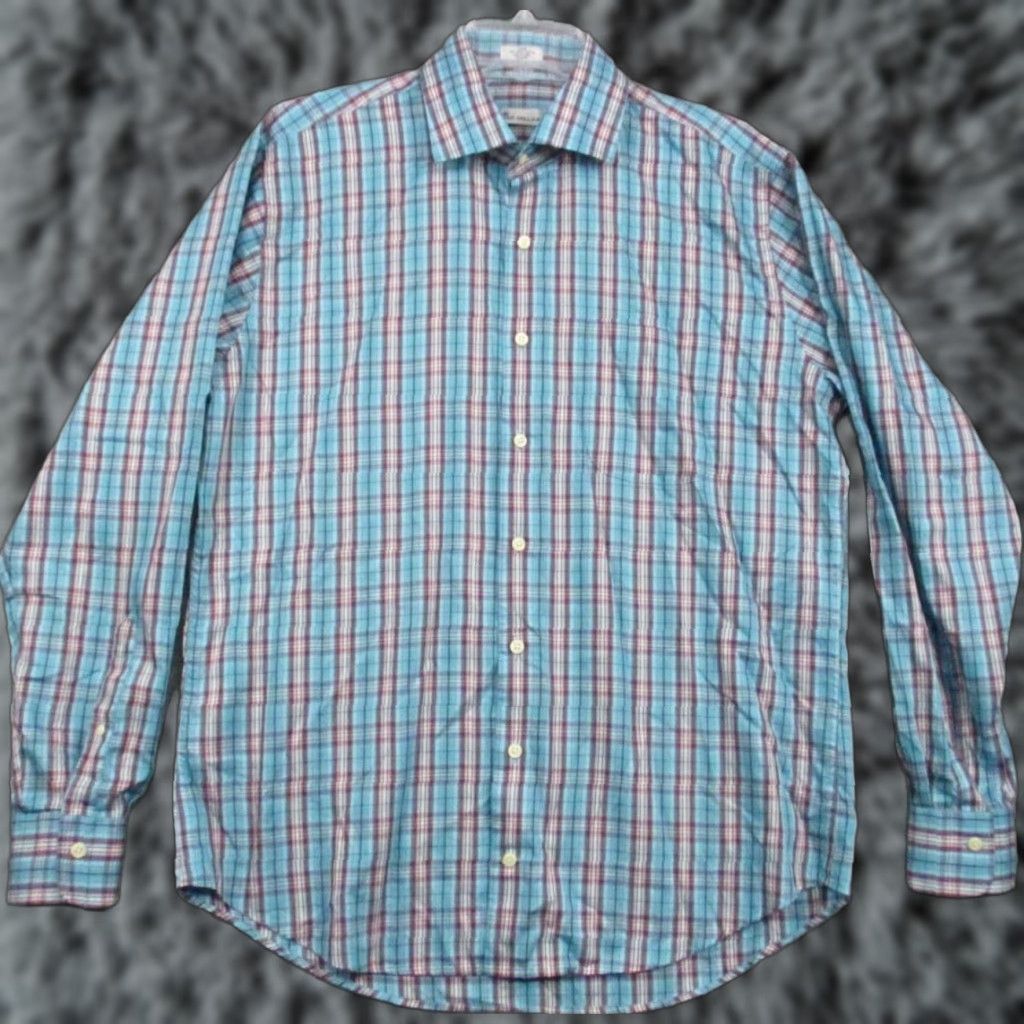 Peter Millar Peter Millar Crown Shirt XL Men's Cotton Silk Mix Blue Plaid Multi Check Button-Up Collared Long Sleeve Classic Mens Size US XL / EU 56 / 4 - 1 Thumbnail