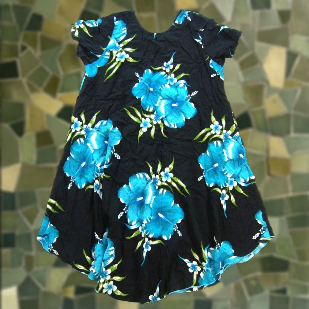 ALOHAS VINTAGE Aloha Hawaiian Fashion Rayon Black Blue Green Floral Short Sleeve Smock Dress L Size 36" / US 14 / IT 50 - 1 Thumbnail