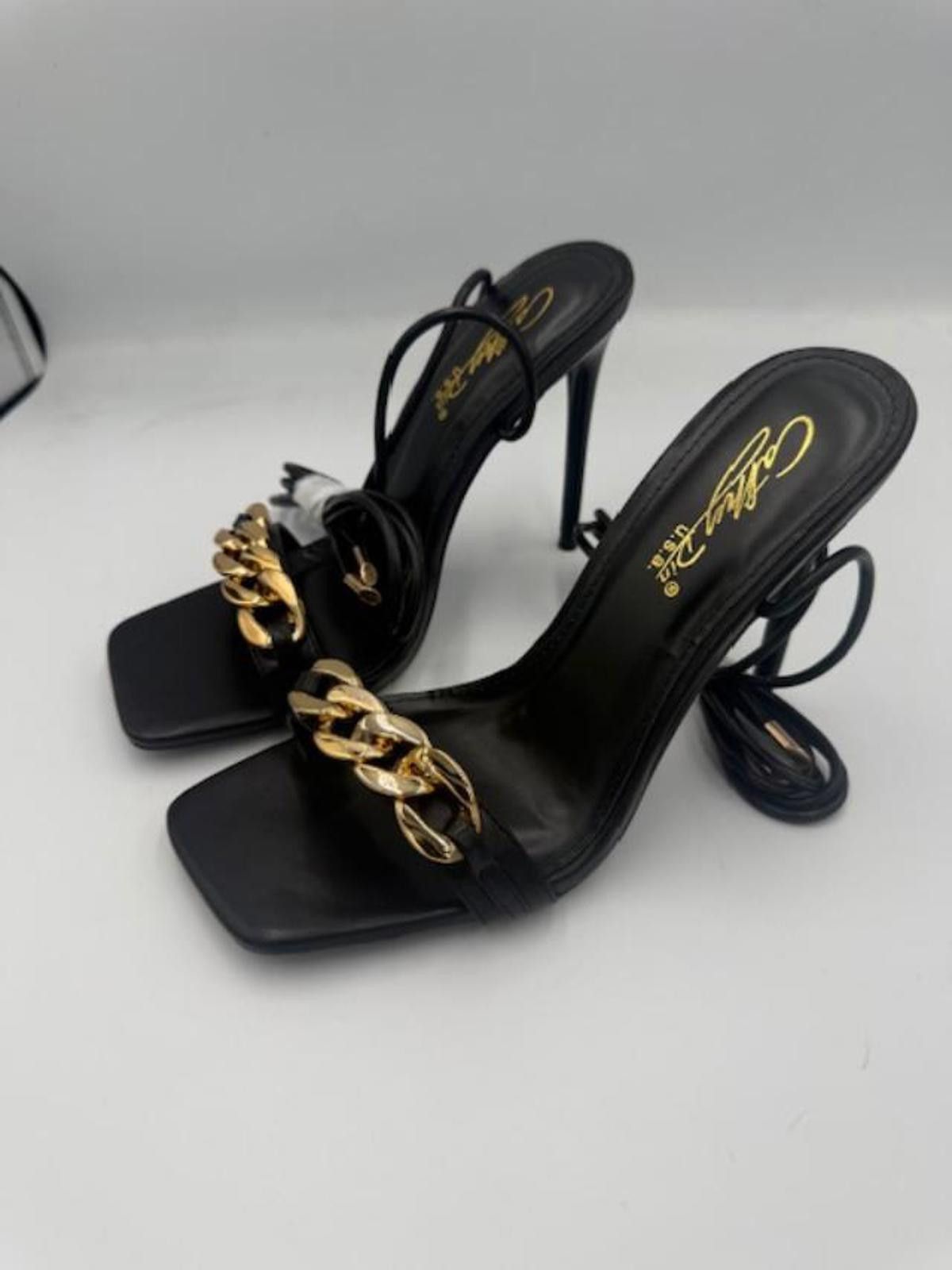 Other Cathy Din Adrina Black/Gold Chain Lace-Up Hi-Heel Sandal Sz7 Size US 7 / IT 37 - 1 Thumbnail