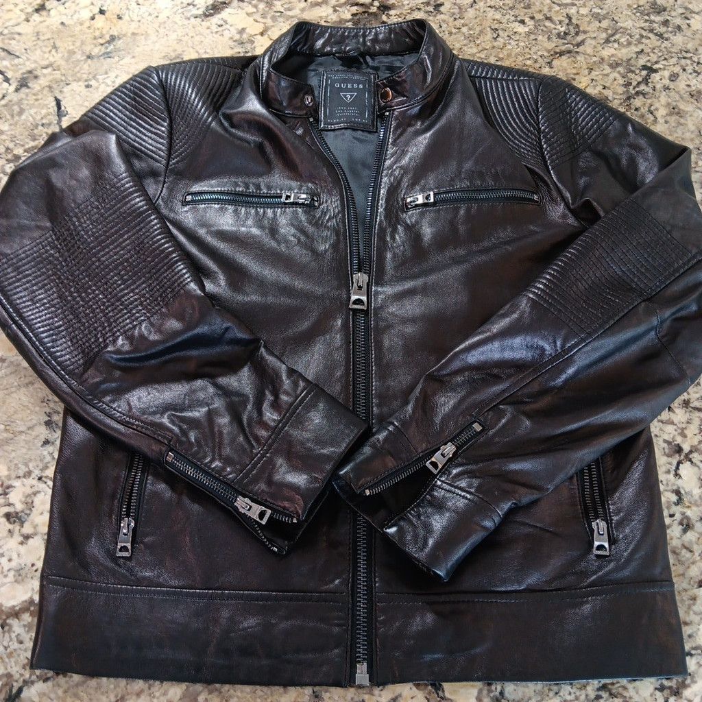 Stunning GUESS Womens Leather Jacket Moto Style Black
