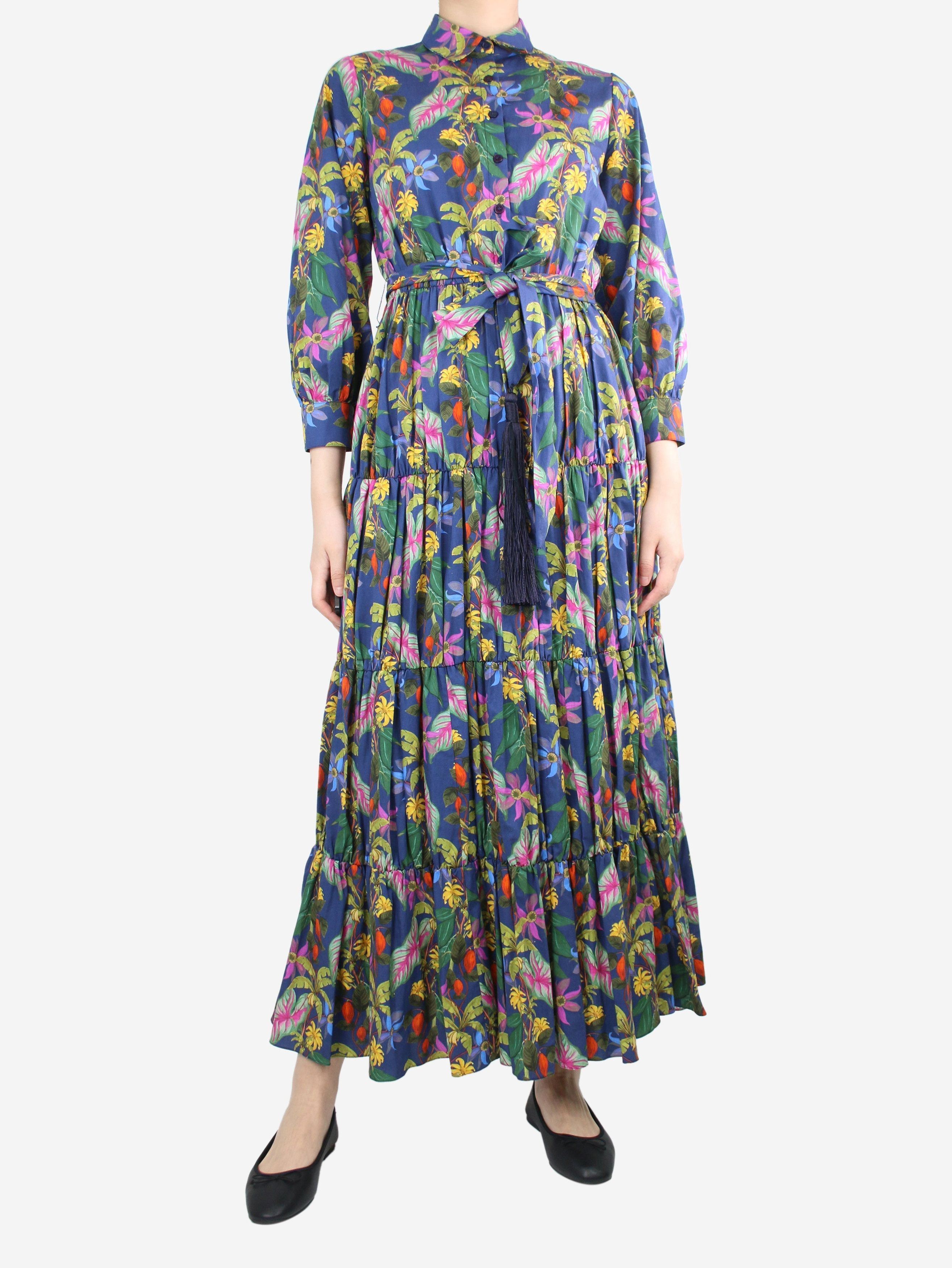 image of Borgo De Nor Dark Blue Belted Floral Printed Dress - Size Uk 10, Women's