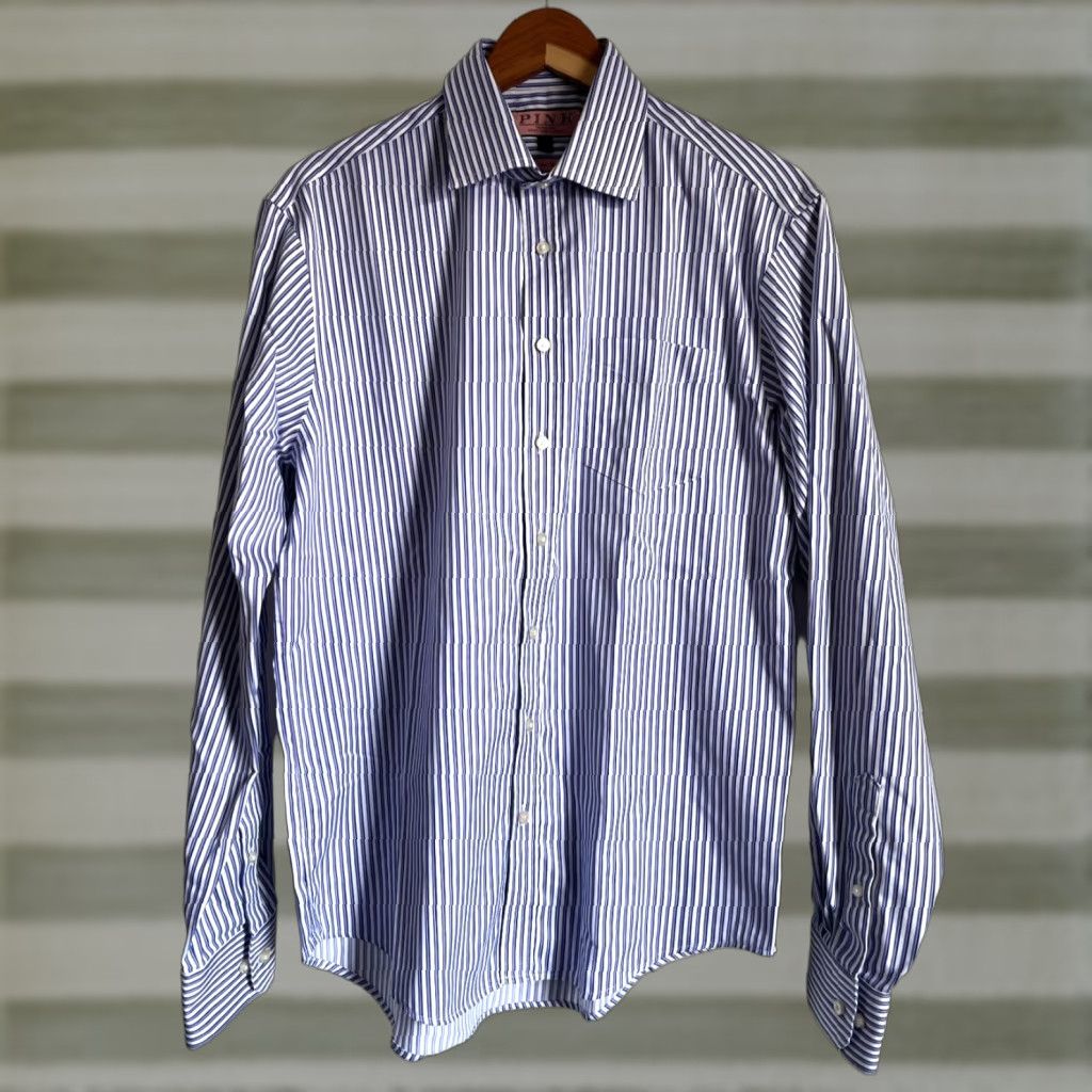 Pinko VINTAGE Thomas Pink Traveller Slim Fit Dress Shirt Striped Mens Dress Shirt 16 41cm White, Blue, Purple Stripes Size 42R - 1 Thumbnail